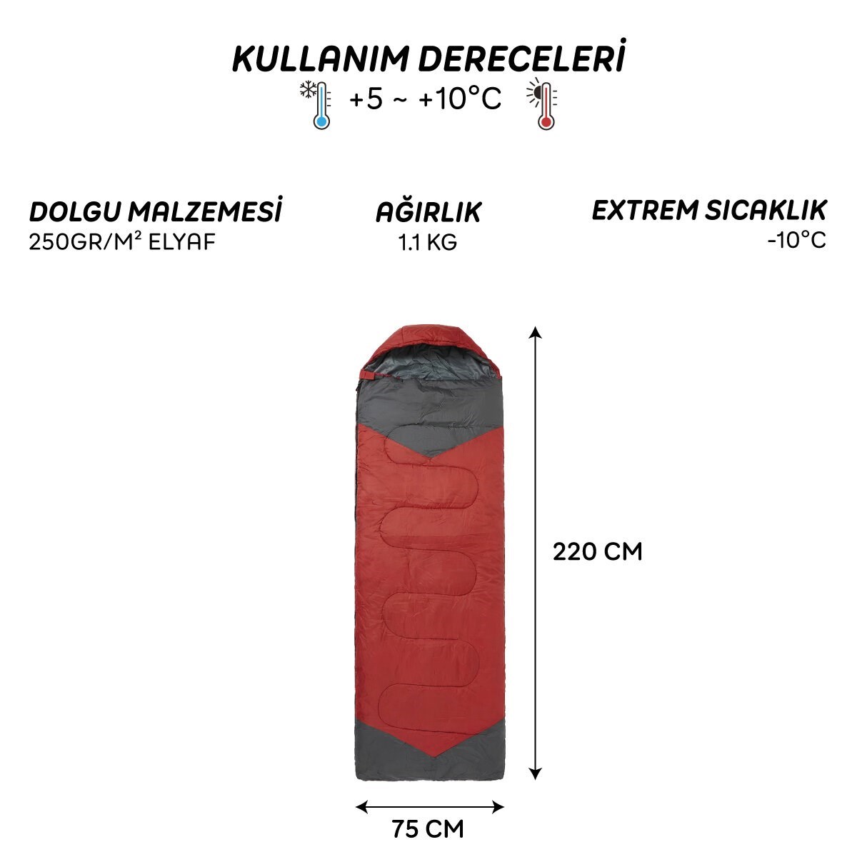 4 Mevsim Uyku Tulumu +5°C -10°C Kamp Uyku Tulumu Nefes Alabilen Kumaş KIRMIZI