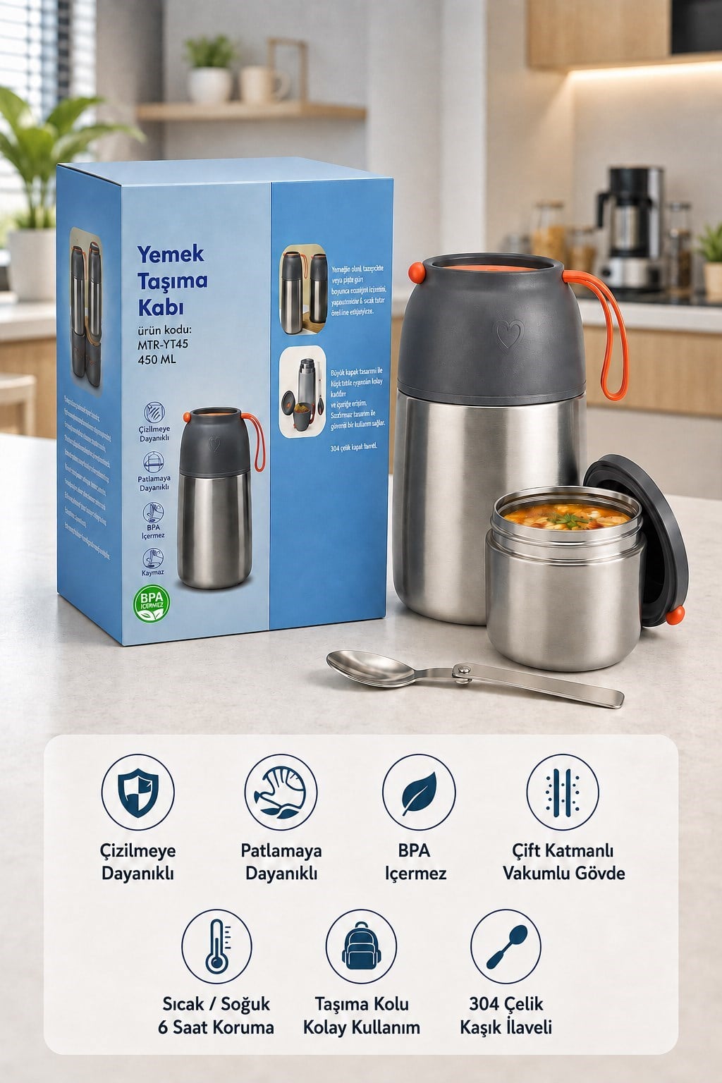 450 ML Paslanmaz Çelik Sızdırmaz Termos Yemek Taşıma Kabı / Sefer Tası Beslenme Kutusu
