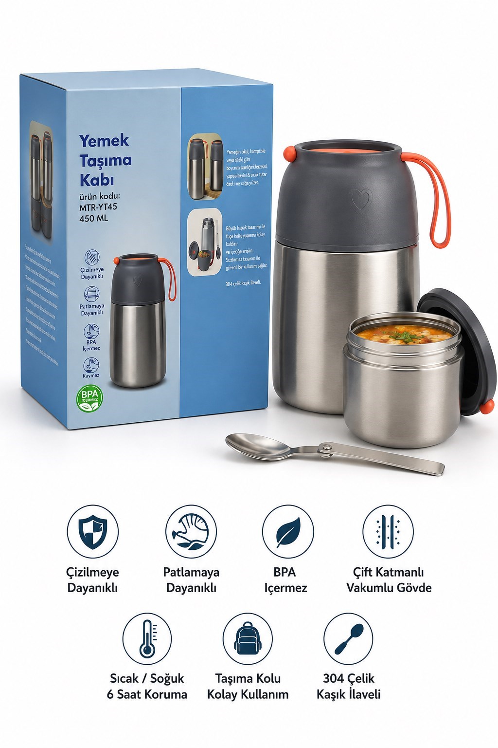 450 ML Paslanmaz Çelik Sızdırmaz Termos Yemek Taşıma Kabı / Sefer Tası Beslenme Kutusu
