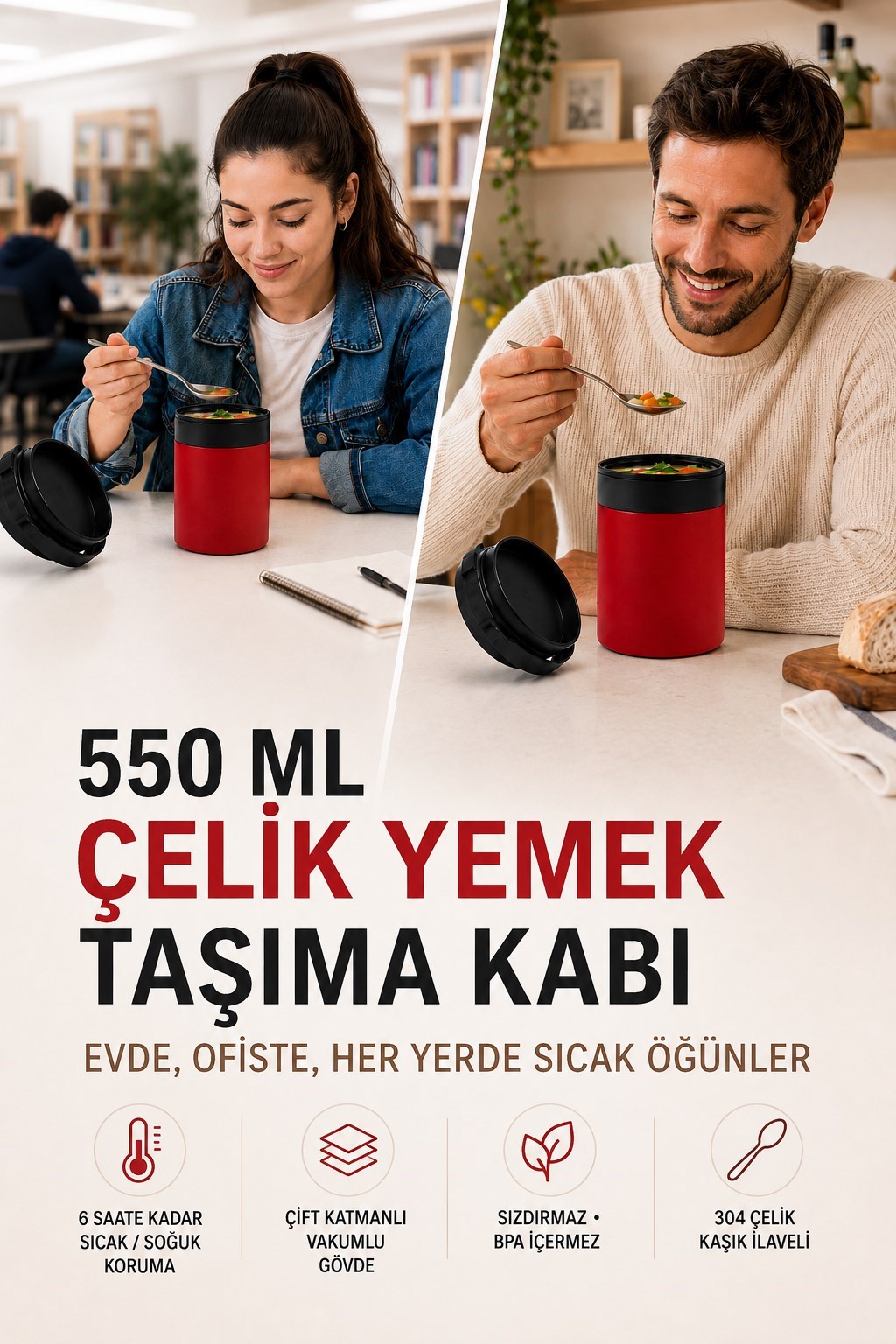 550 ML Paslanmaz Çelik Sızdırmaz Termos Yemek Taşıma Kabı / Sefer Tası Beslenme Kutusu