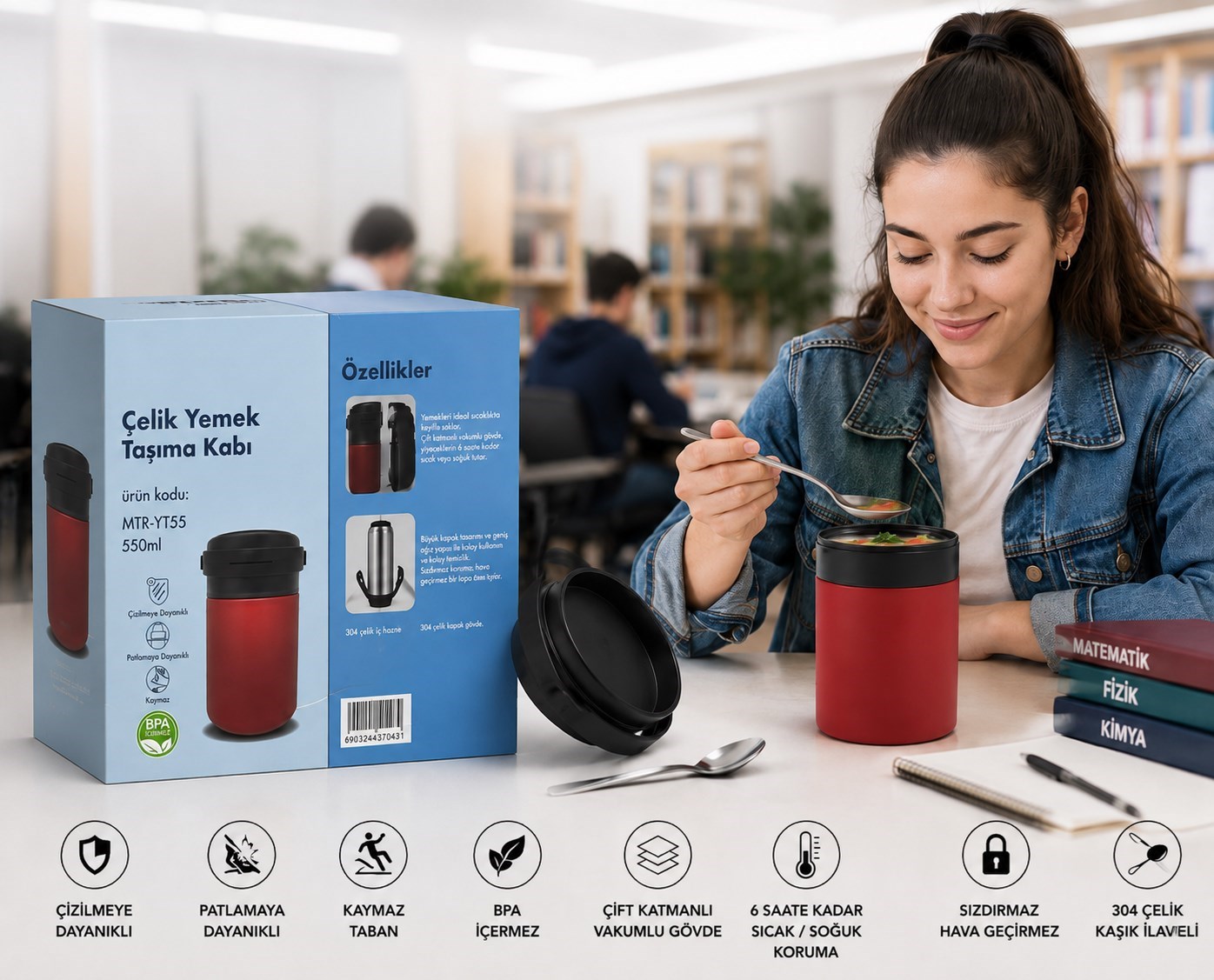 550 ML Paslanmaz Çelik Sızdırmaz Termos Yemek Taşıma Kabı / Sefer Tası Beslenme Kutusu