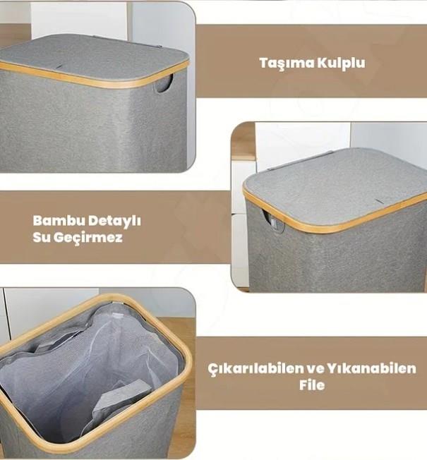 70 Lt Katlanır Kumaş Bambu Çamaşır Sepeti İçi Fileli Kirli Çamaşır Sepeti