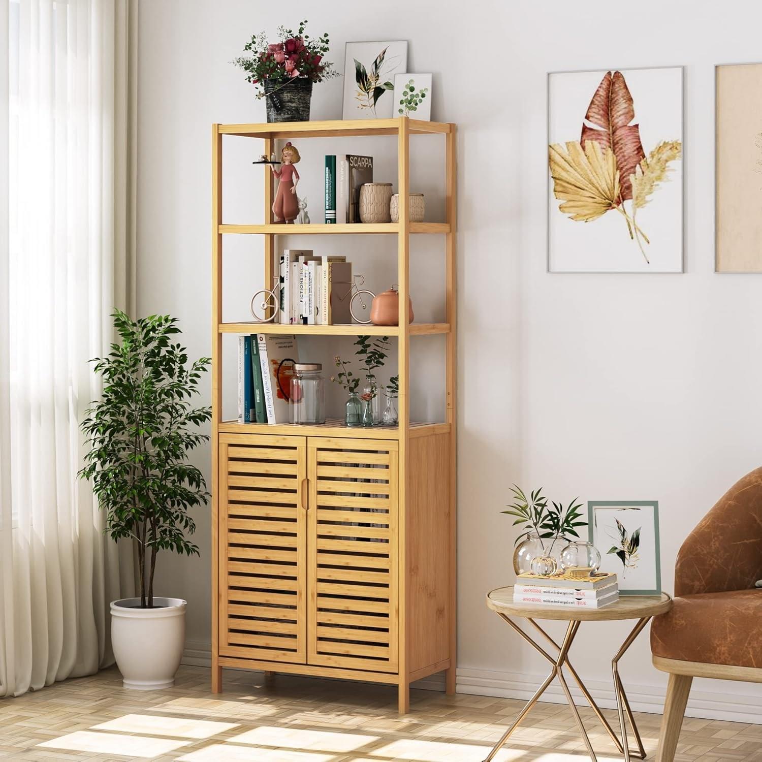 Bambu Banyo Dolabı 6 Raflı Kapaklı Salon Mutfak Çalışma Odası Dolabı Kitaplık