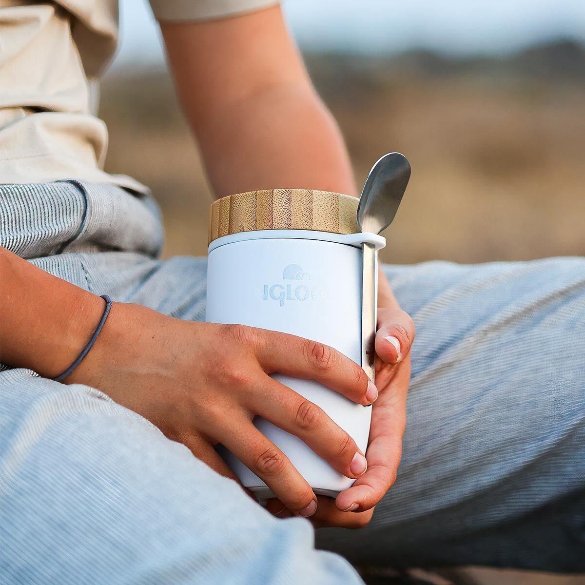 Bambu Kapak Yemek Termosu 500ml Çelik Termos Beyaz 12 Saat Sıcak Tutar