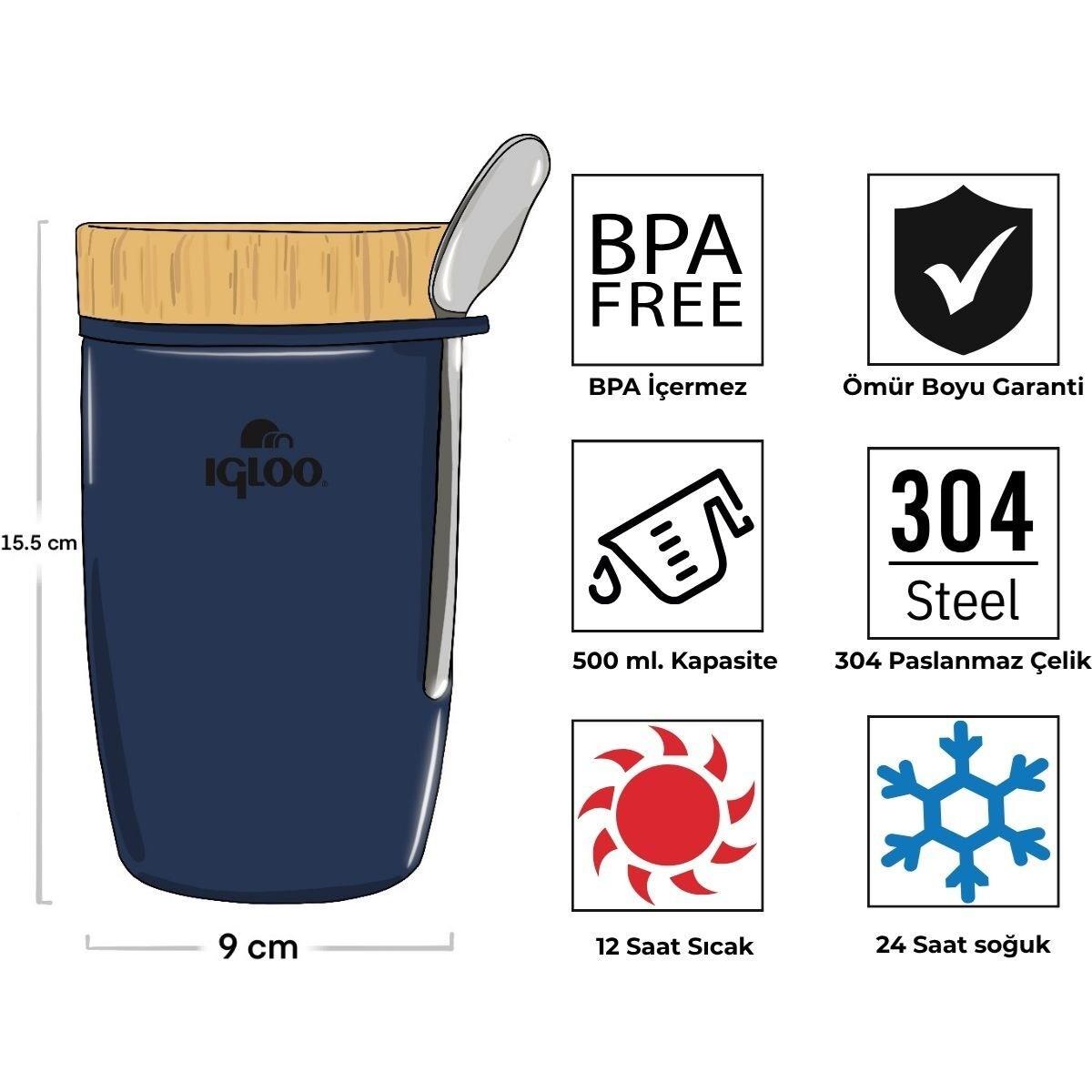 Bambu Kapak Yemek Termosu 500ml Çelik Termos Lacivert 12 Saat Sıcak Tutar