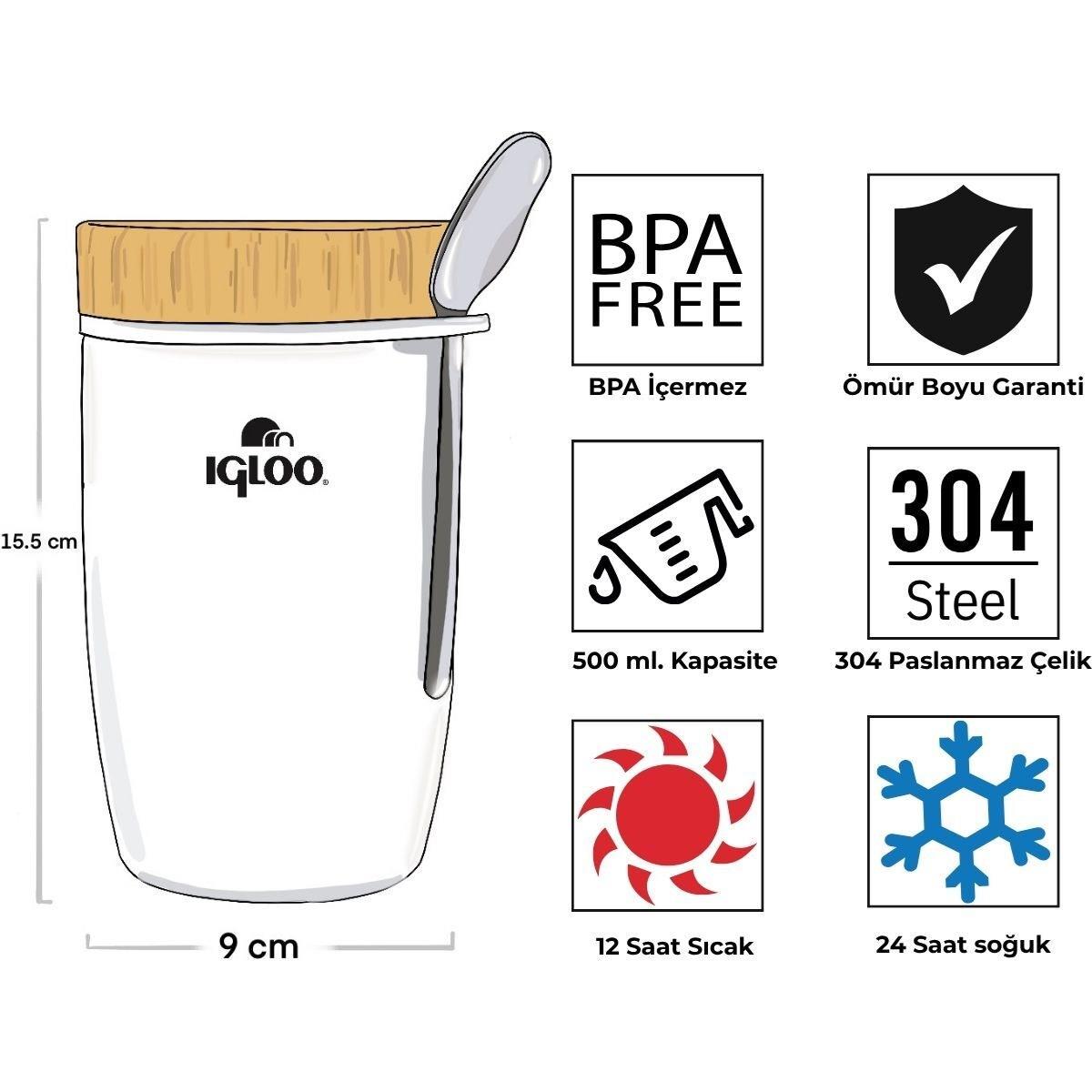 Bambu Kapak Yemek Termosu 500ml Çelik Termos Beyaz 12 Saat Sıcak Tutar