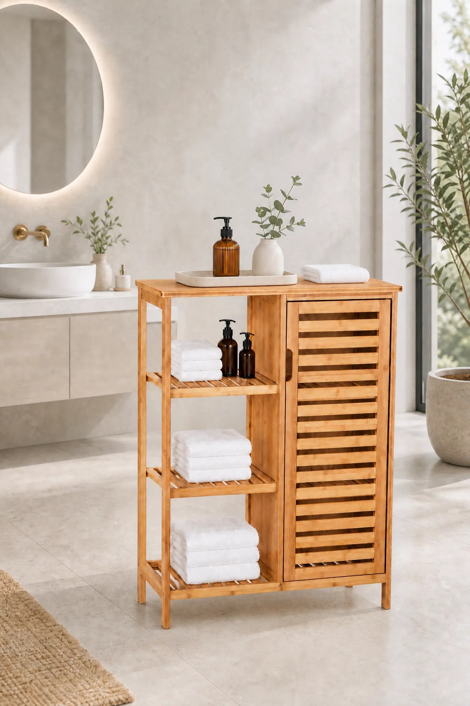 Çok Amaçlı Bambu Dolap – 3 Raflı Kapaklı Mutfak Banyo Ev Ofis Düzenleyici Dolap