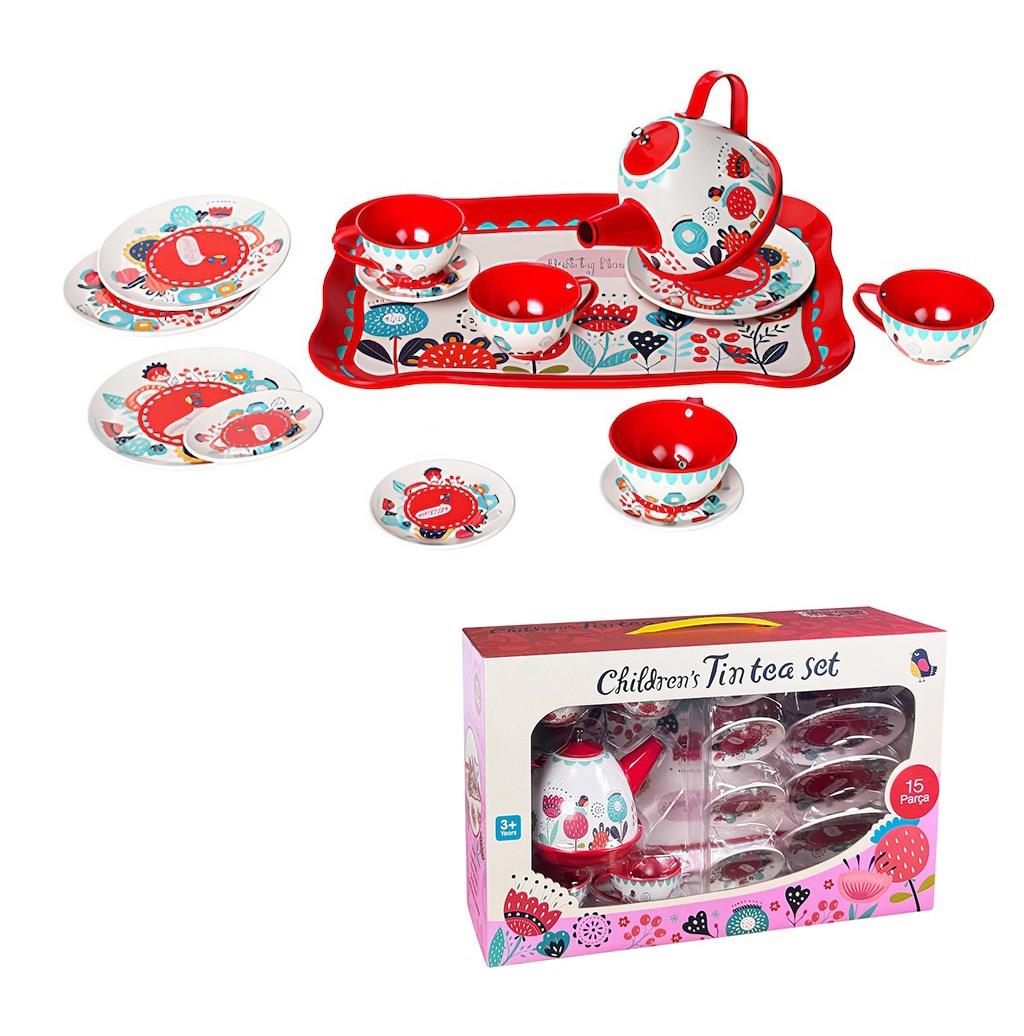 Evcilik Oyun Seti 15 Parça Çiçek Desenli Metal Çay Seti Oyuncak Fincan Seti