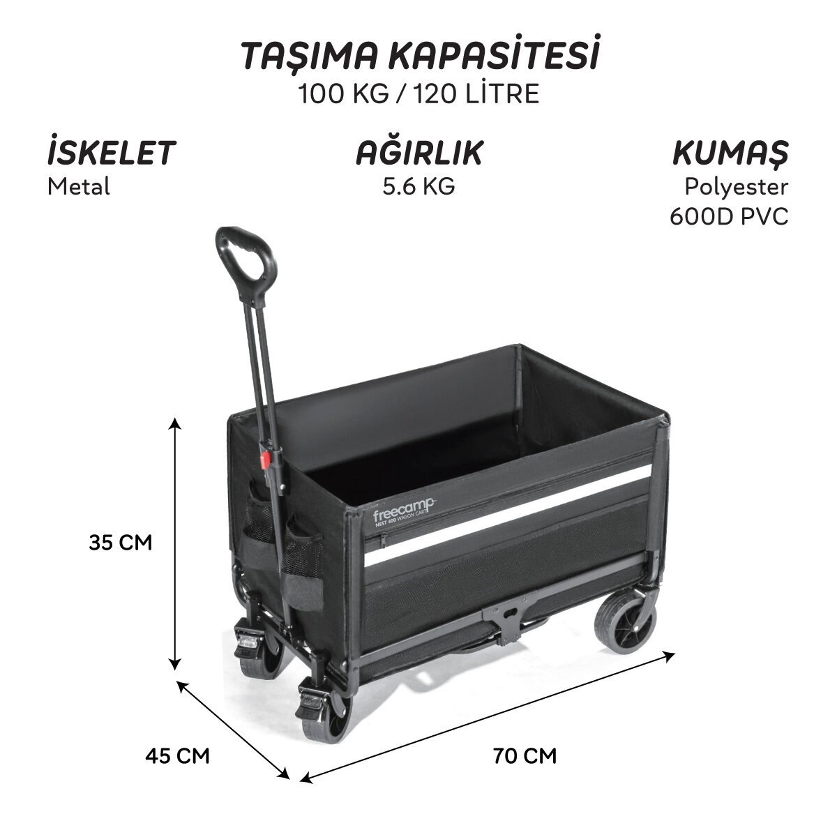 Kamp Arabası Kilitli Tekerlek 100 Kg Taşıma Kapasiteli Katlanır Çok Amaçlı Araba