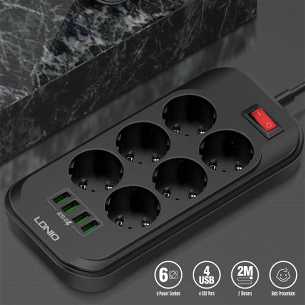 LDNIO SE-6403 3.4A Auto 4 Port Usb Girişli 6'lı Akım Korumalı Priz