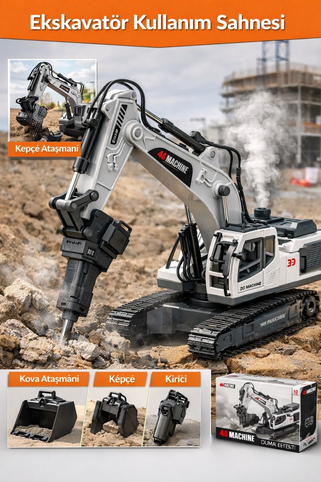 Uzaktan Kumandalı 3 Başlıklı Duman Atan Şarjlı Metal İş Makinesi Kepçe Kırıcı