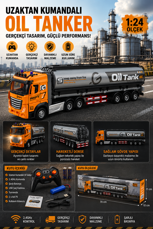 Uzaktan Kumandalı Tanker Tır 1:24 Ölçek Şarjlı Oyuncak Tır 2.4GHz Yakıt Tankeri Kamyon