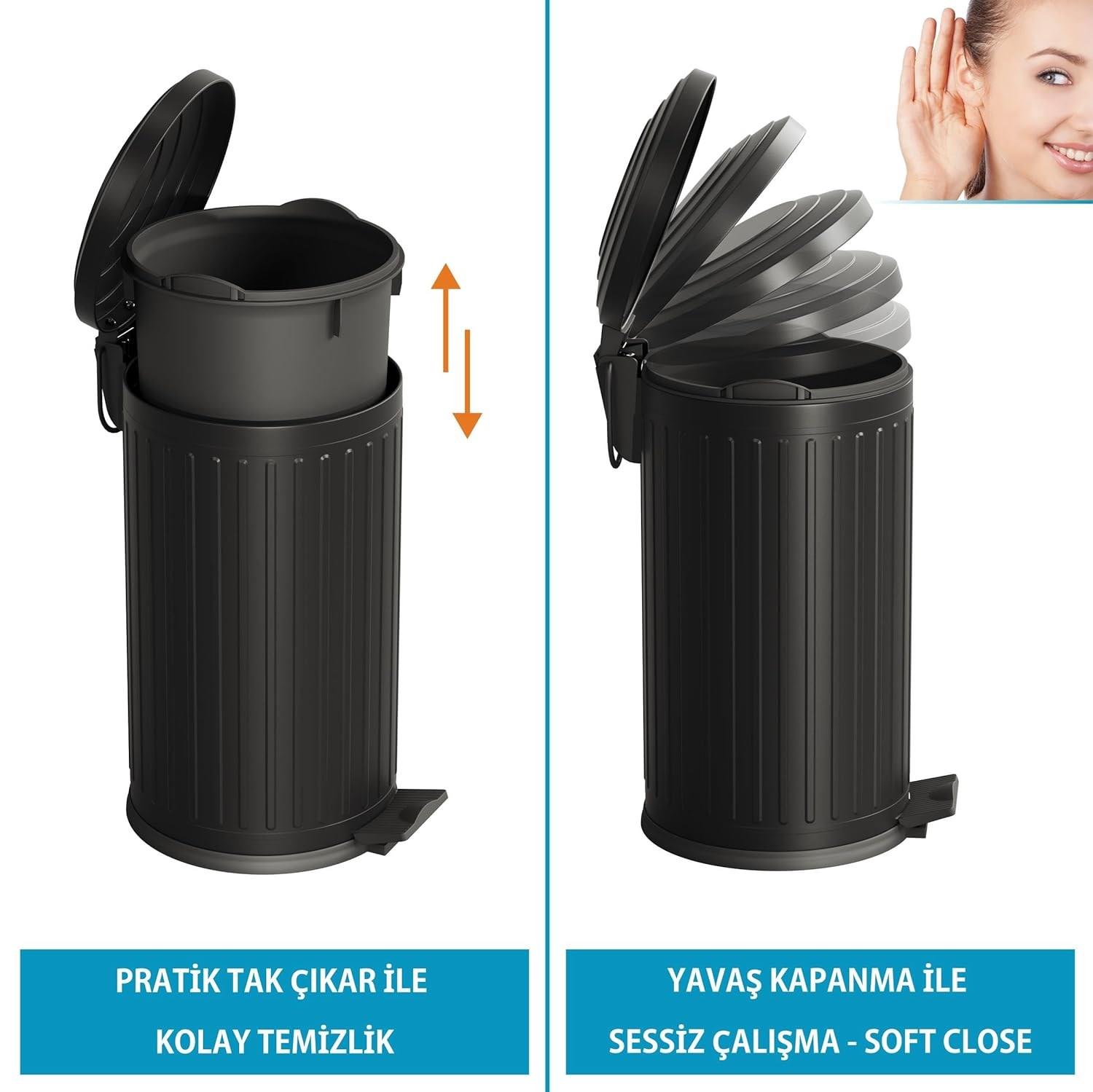 Vintage 16 Lt Yavaş Kapanır Kapaklı Ofis Mutfak Banyo Balkon Çöp Kovası Siyah