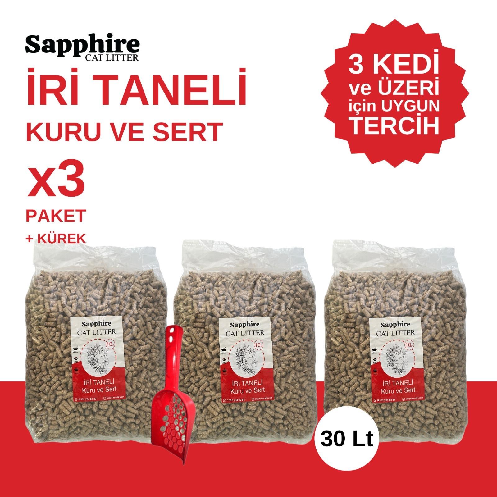 Sapphire İri & Kalın Taneli Topaklanan Kedi Kumu 30 Lt + Kürek (10 Lt x 3 Adet)