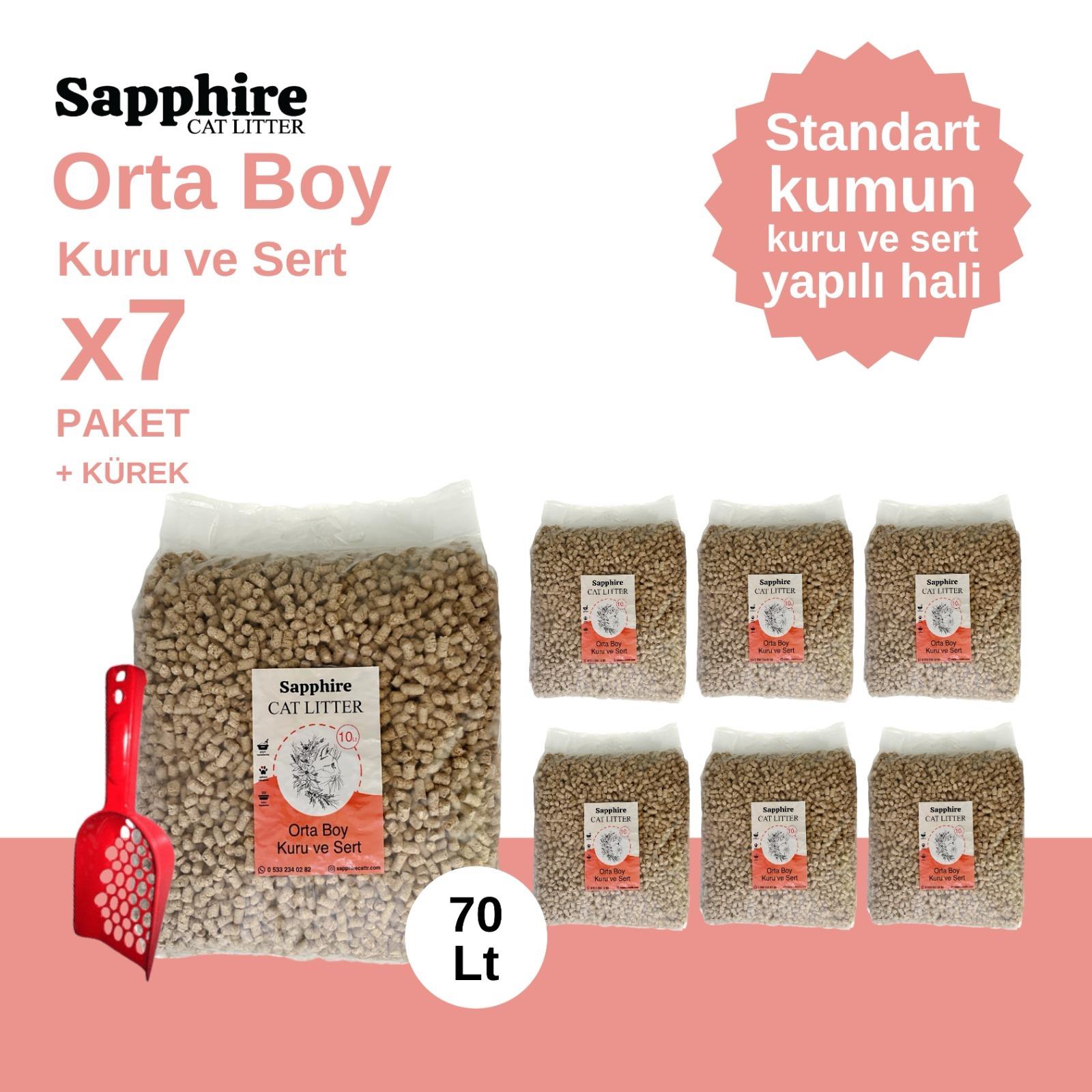 Sapphire Orta Boy Kuru ve Sert Topaklanan Kedi Kumu 70 Lt + Kürek (10 Lt x 7 Adet)