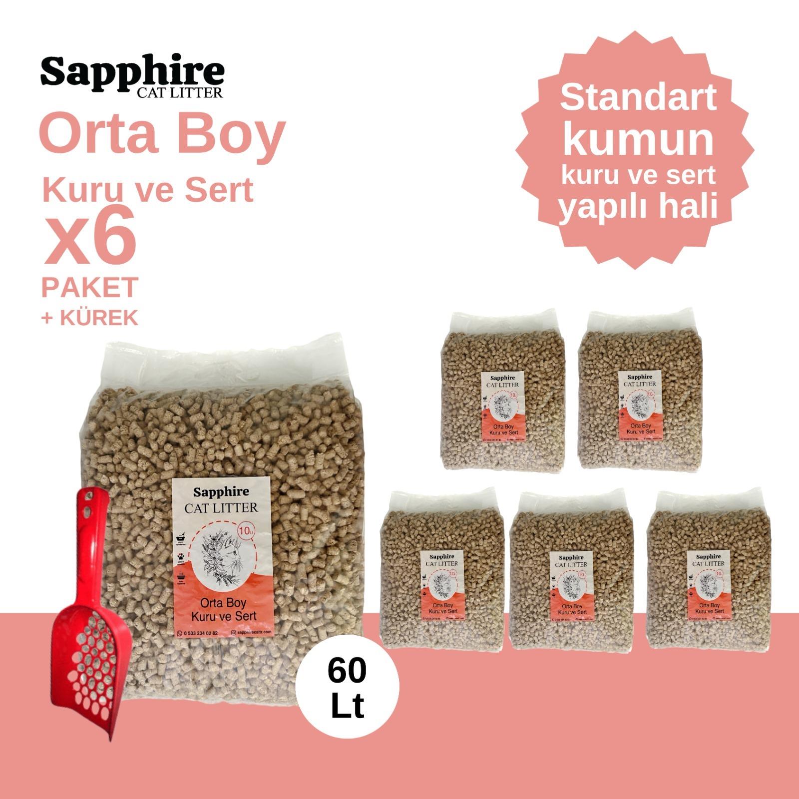 Sapphire Orta Boy Kuru ve Sert Topaklanan Kedi Kumu 60 Lt + Kürek (10 Lt x 6 Adet)