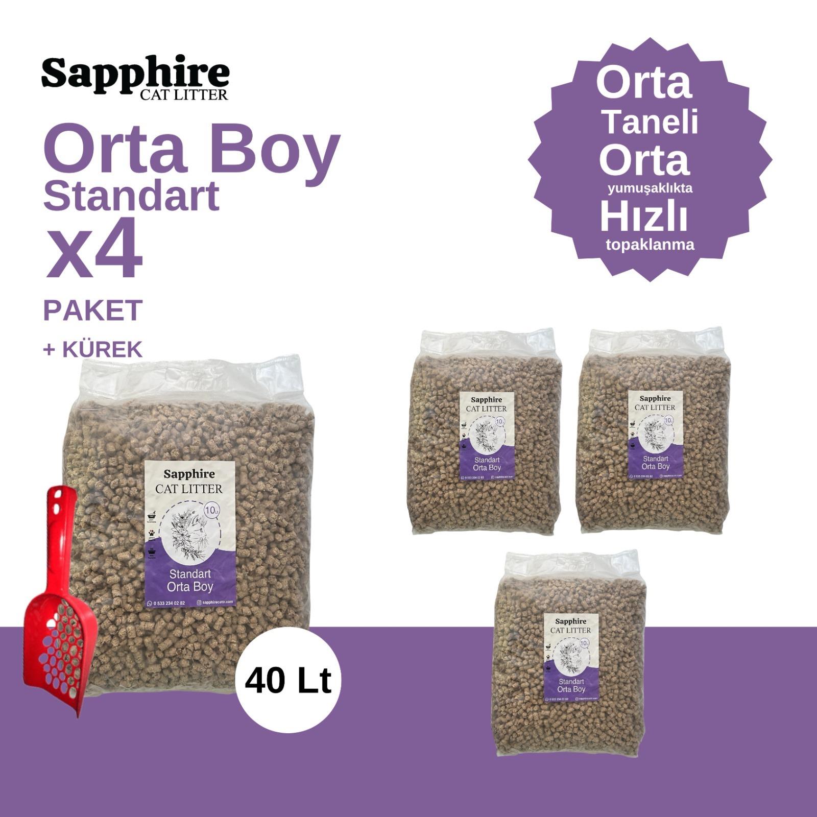 Sapphire Standart Orta Boy Orta Taneli Hızlı Topaklanan Kedi Kumu 40 Lt + Kürek (10 Lt x 4 Adet)