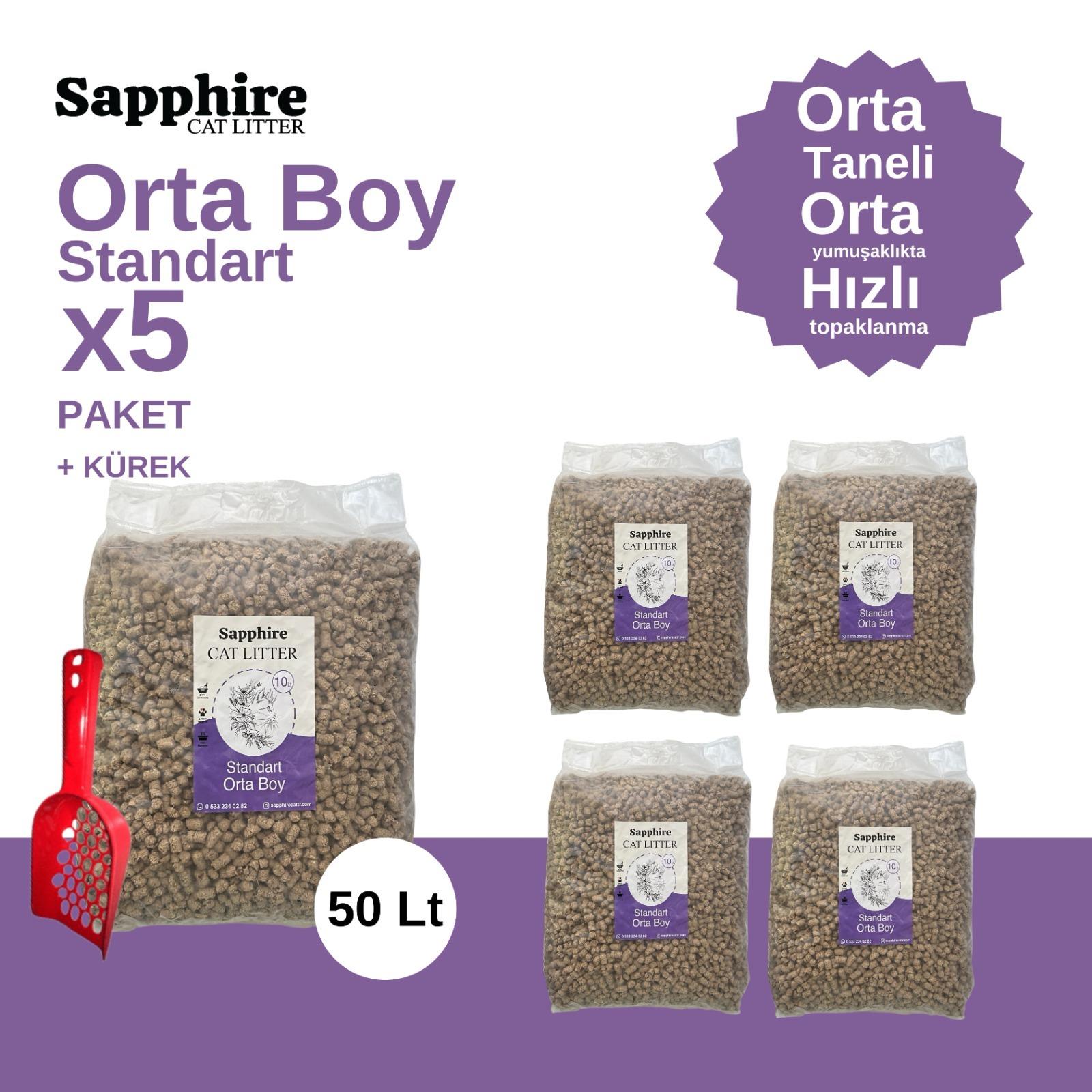 Sapphire Standart Orta Boy Orta Taneli Hızlı Topaklanan Kedi Kumu 50 Lt + Kürek (10 Lt x 5 Adet)