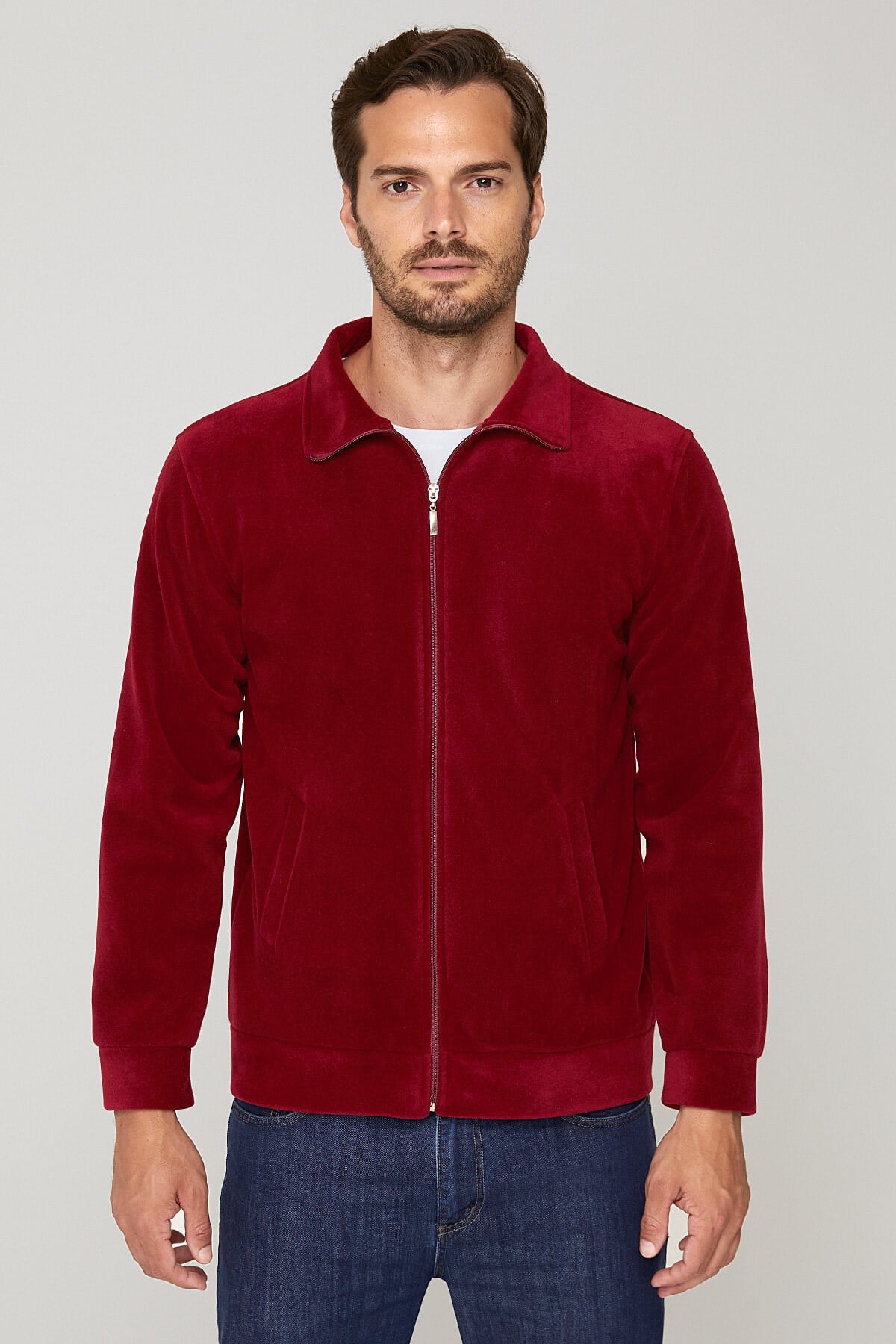 Unisex Tam fermuarlı Bordo Ceket