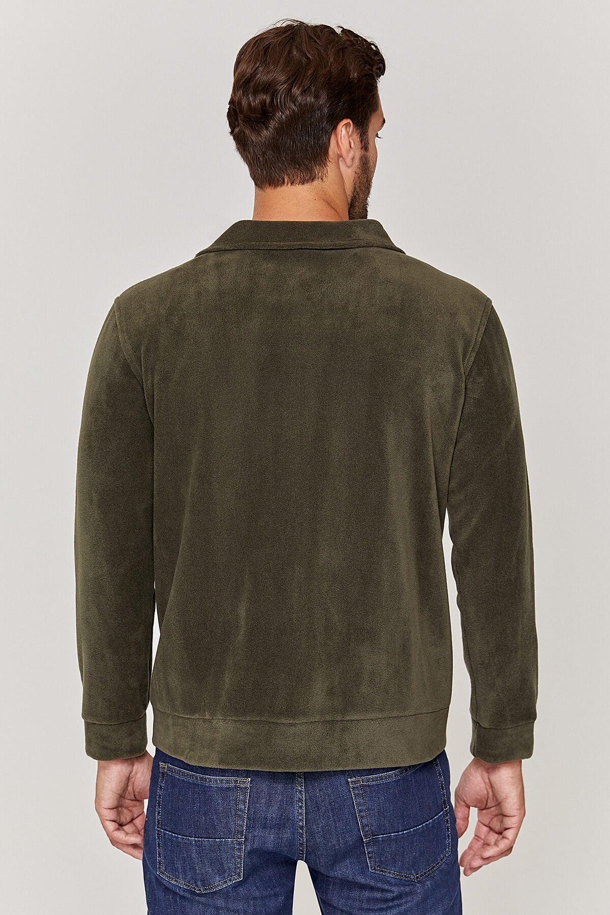 Unisex Tam fermuarlı Haki Yeşil Polar Ceket