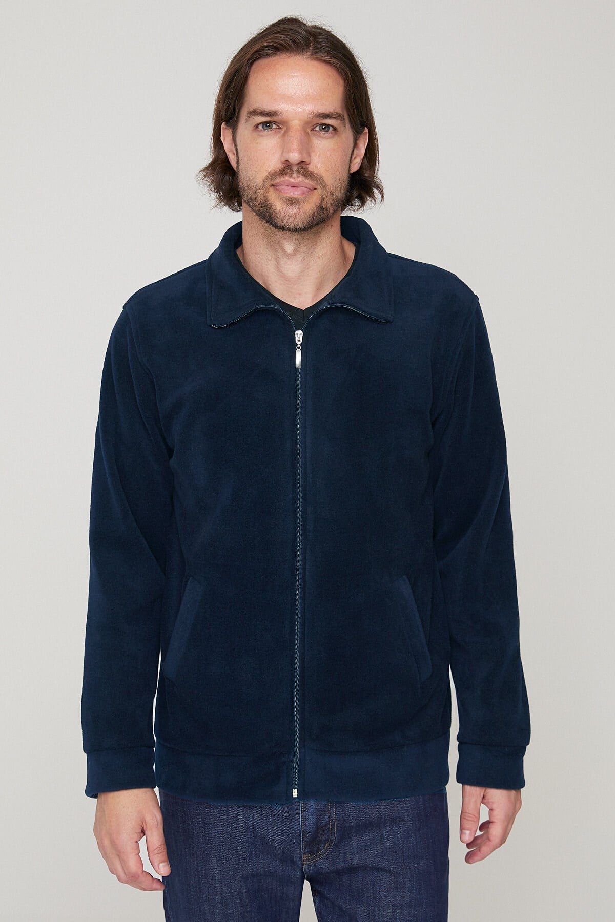 Unisex Tam fermuarlı Lacivert Polar Ceket