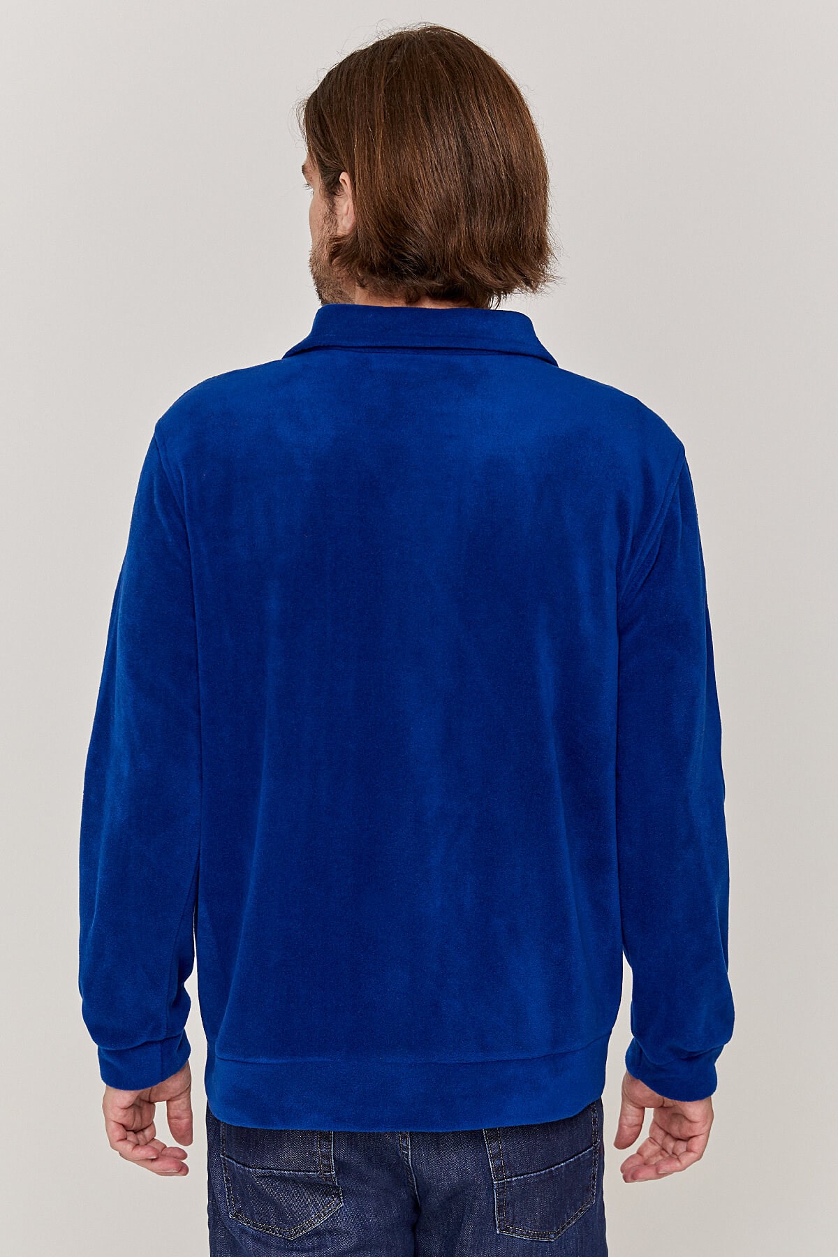 Unisex Tam fermuarlı Saks Mavi Polar Ceket