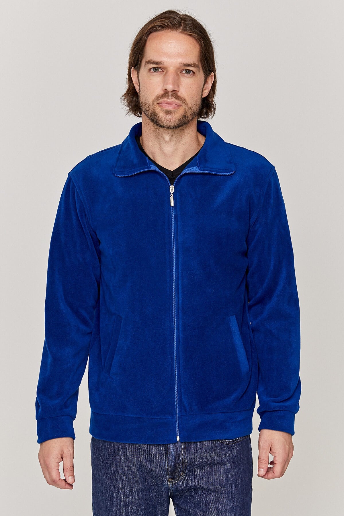 Unisex Tam fermuarlı Saks Mavi Polar Ceket