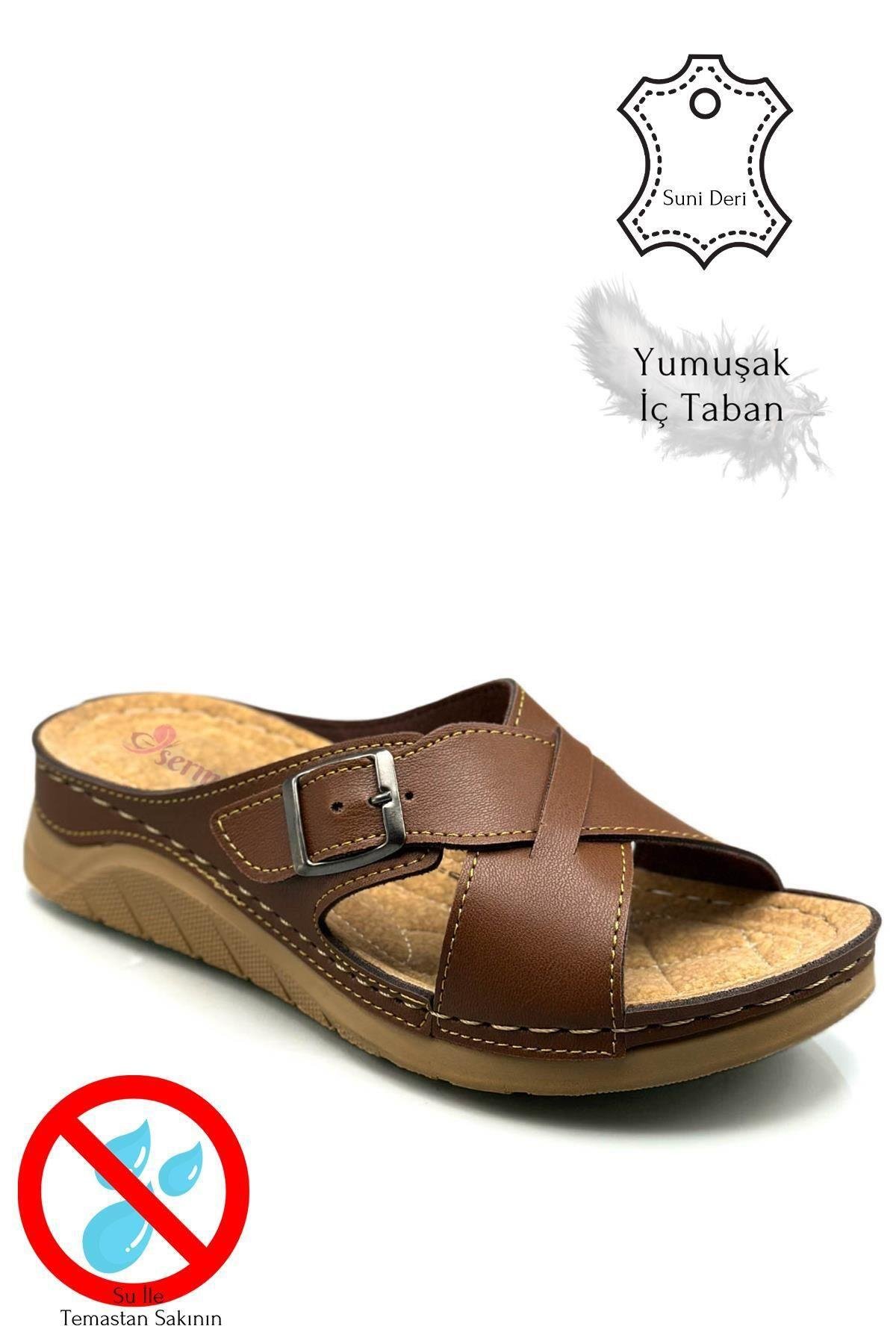 SERMODA , Terlik , Sermoda Çapraz Bant Tokalı Yumuşak ve Hafif Kalın Tabanlı Kadın Terlik Spor Terlik 521/3 Taba