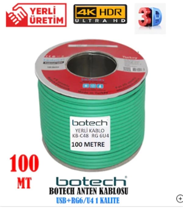 BOTECH 100 METRE YEŞİL RENK RG6-U4 ANTEN KABLOSU