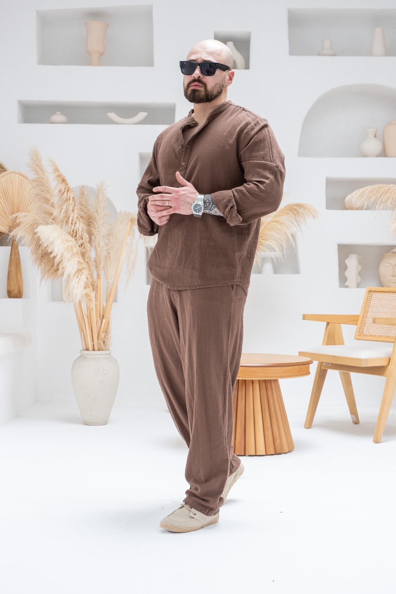 %100 Pamuk Keten Hakim Yaka Yarım Patlı Alt Üst Takım (TKKA41)