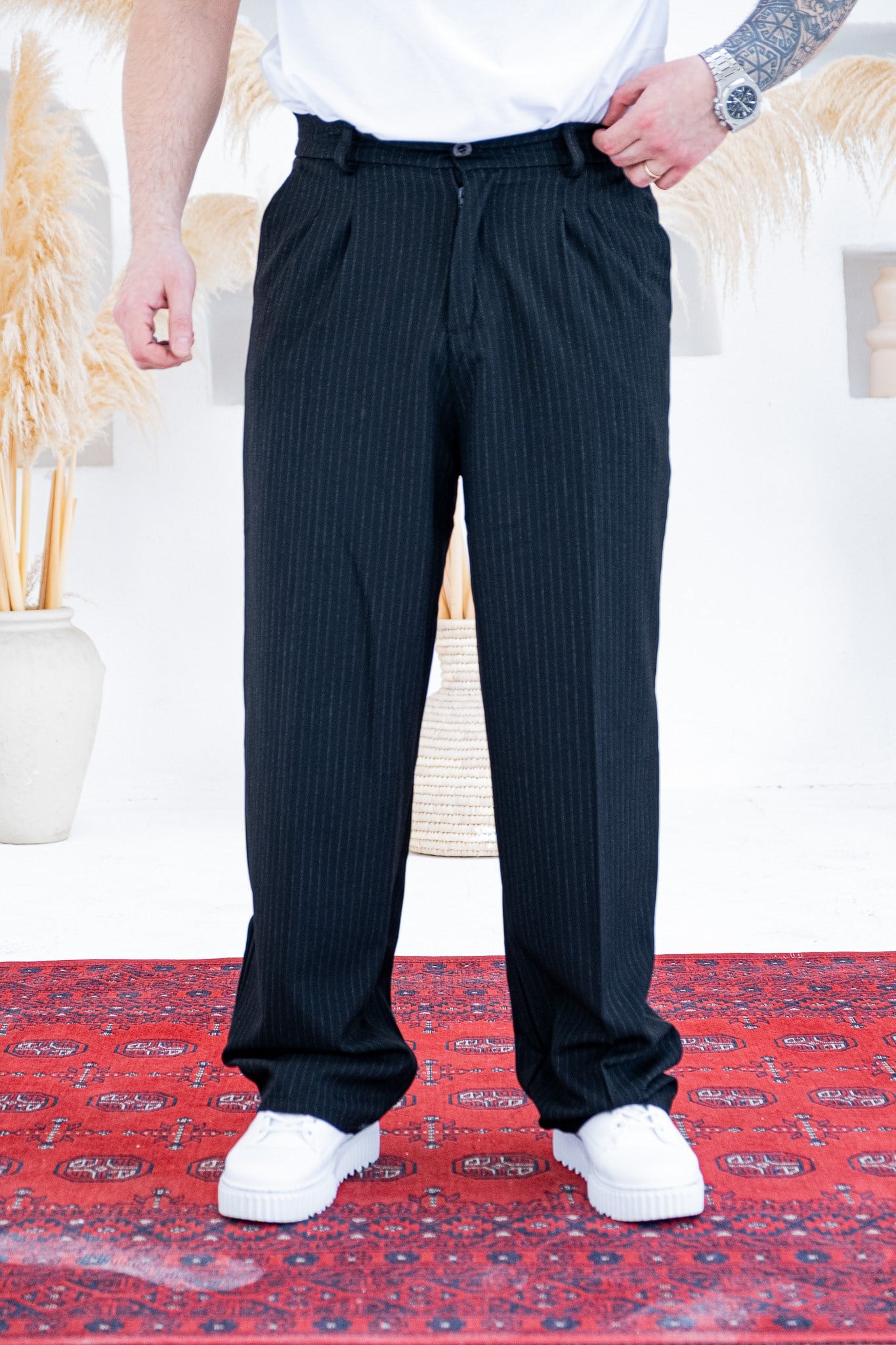 Baggy Kalıp Çizgili Pile Detaylı Kumaş Pantolon (JGS56)