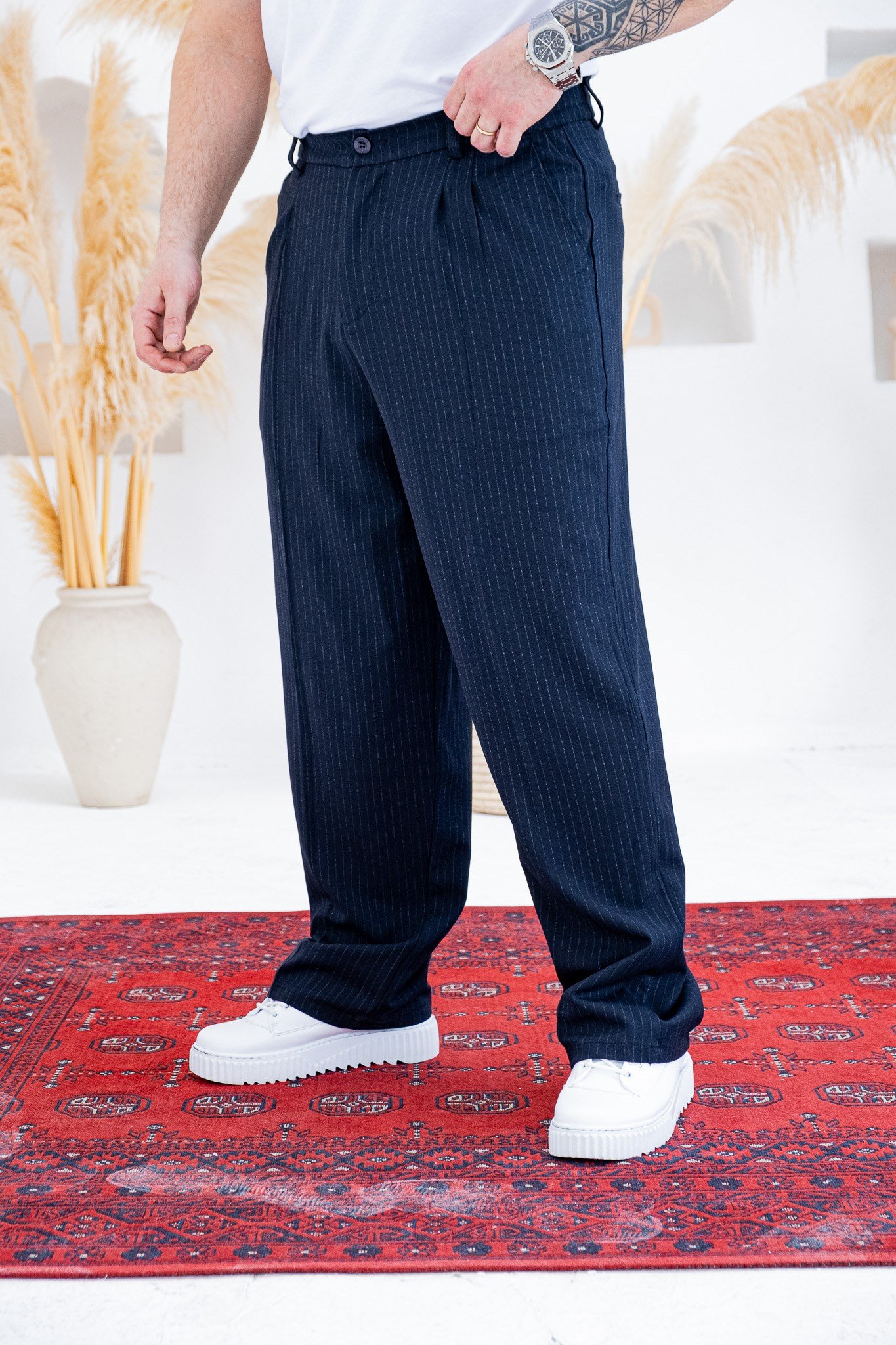 Baggy Kalıp Çizgili Pile Detaylı Kumaş Pantolon (JGL56)