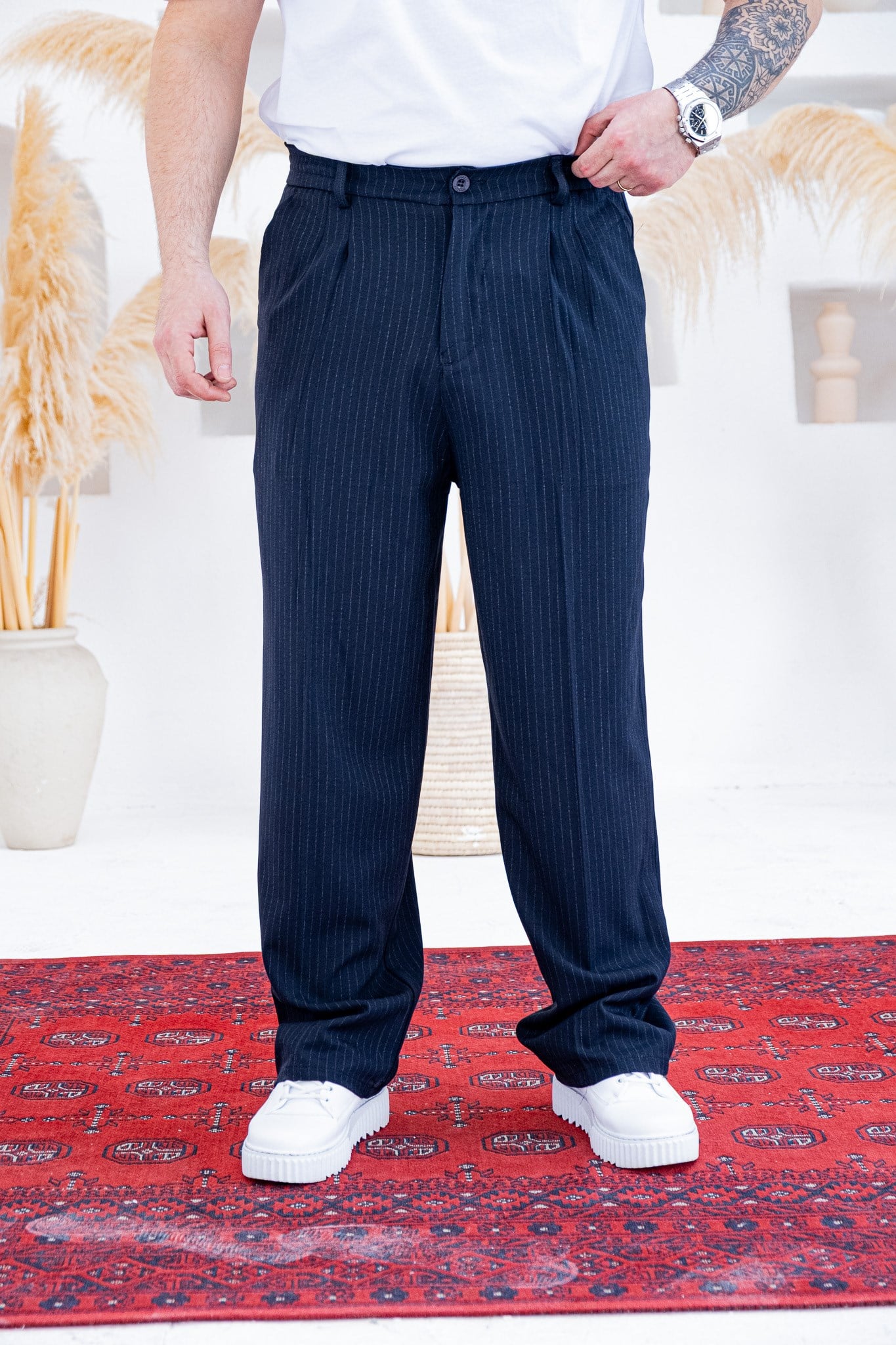 Baggy Kalıp Çizgili Pile Detaylı Kumaş Pantolon (JGL56)