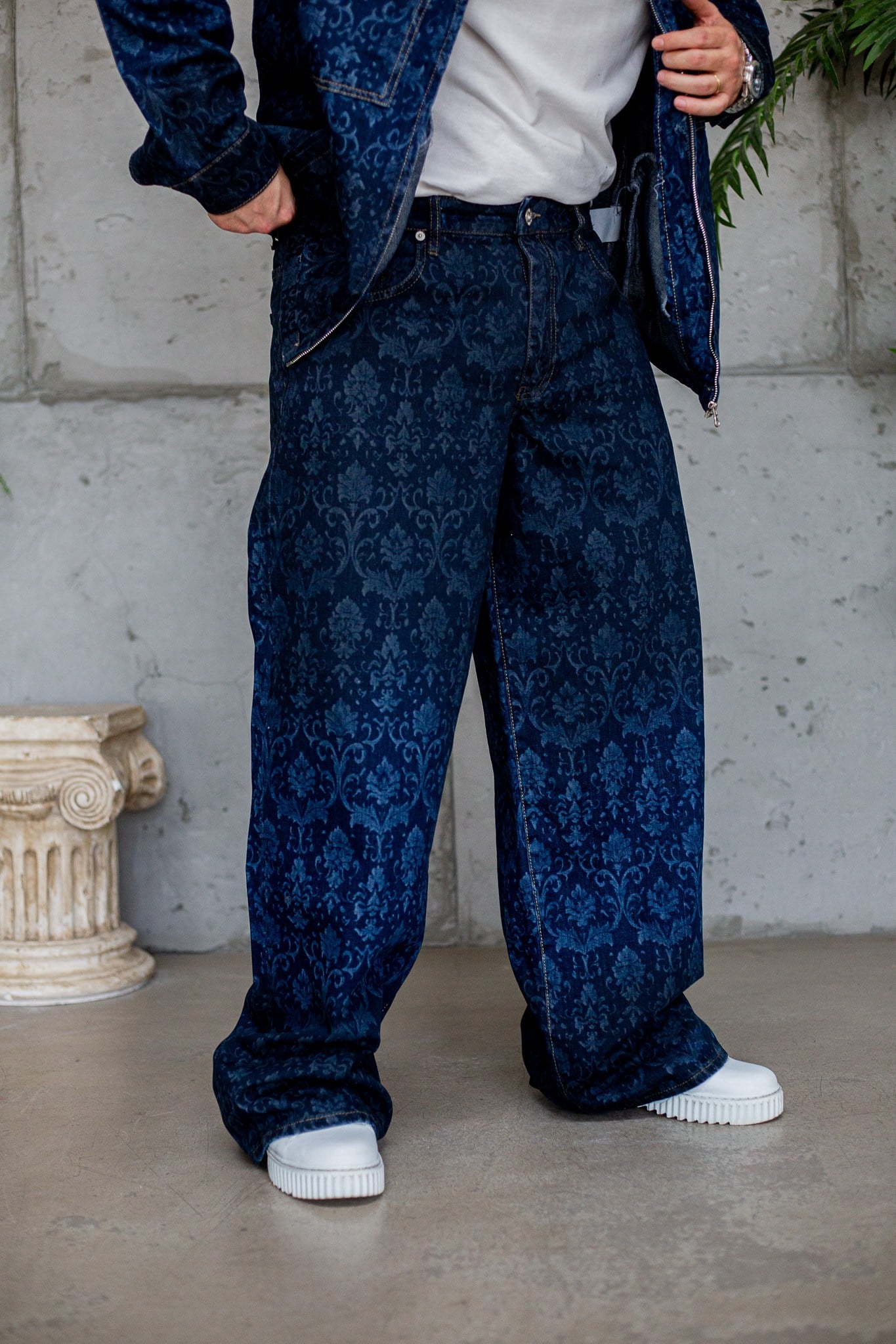 Barok Desenli Denim Ceket ve Baggy Pantolon Takımı (TK71)