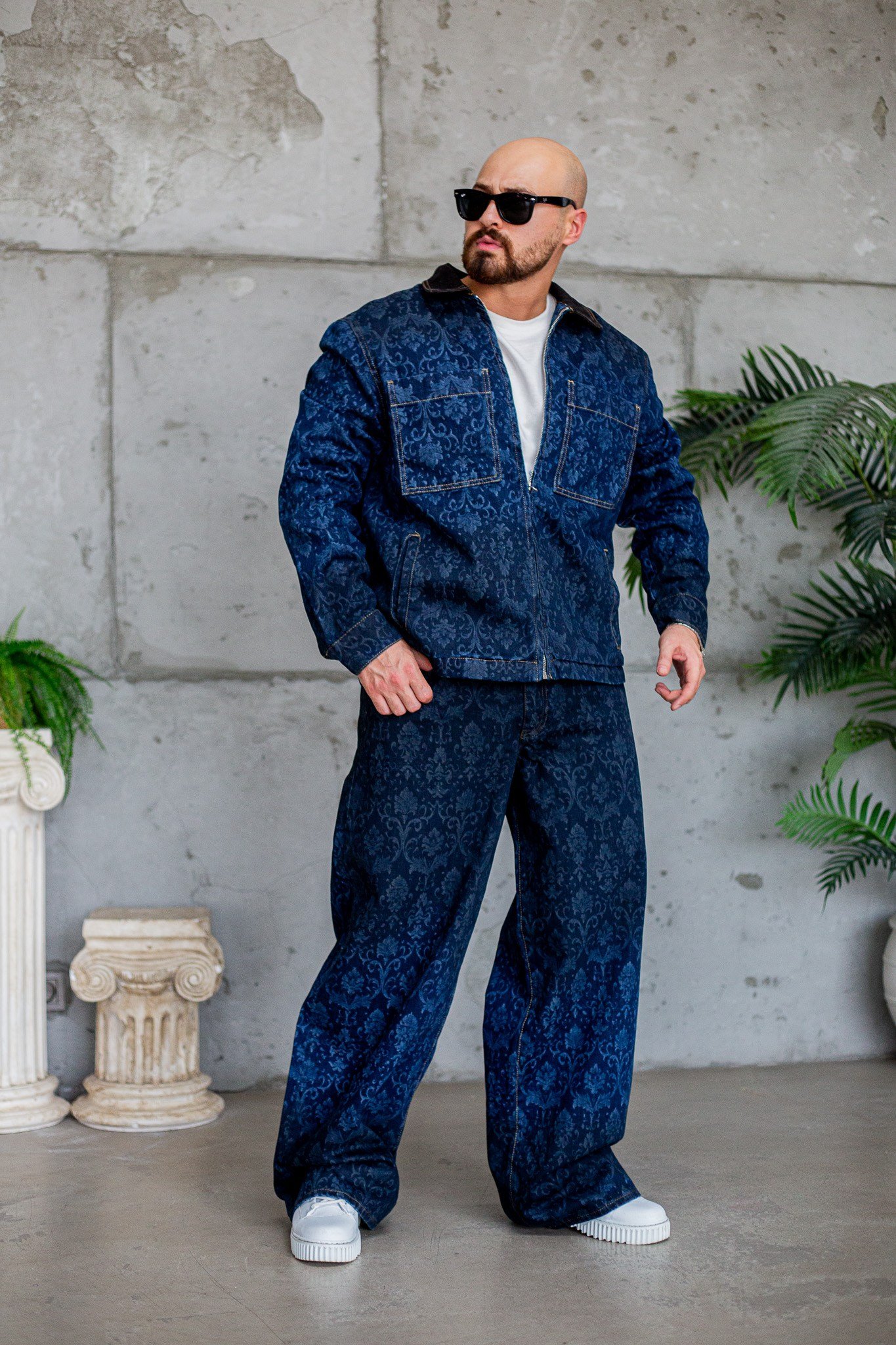 Barok Desenli Denim Ceket ve Baggy Pantolon Takımı (TK71)