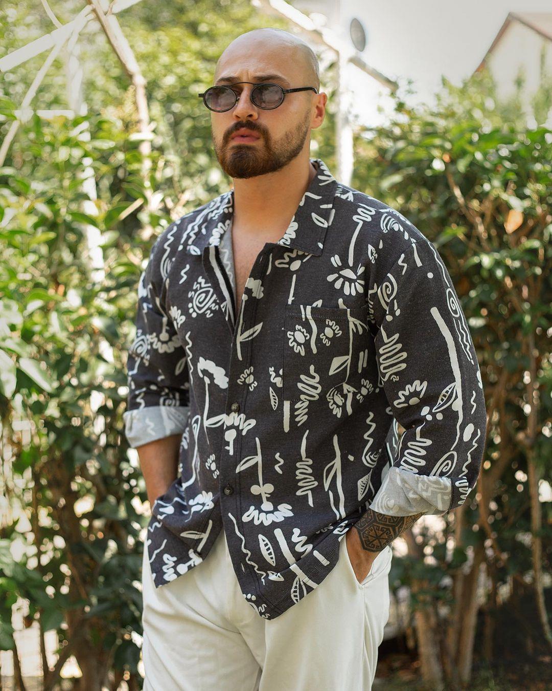 Baskılı Keten Rahat Kalıp Gömlek (GMS04)