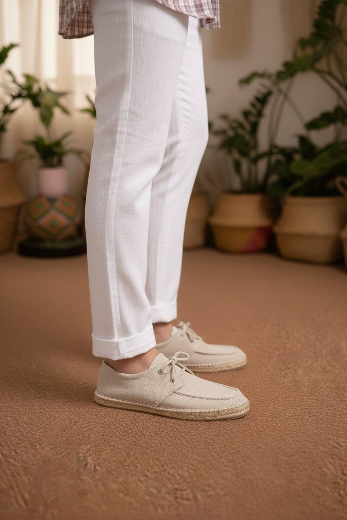 Bej Keten Espadril Taban Bağcıklı Erkek Ayakkabı (AYKK01)