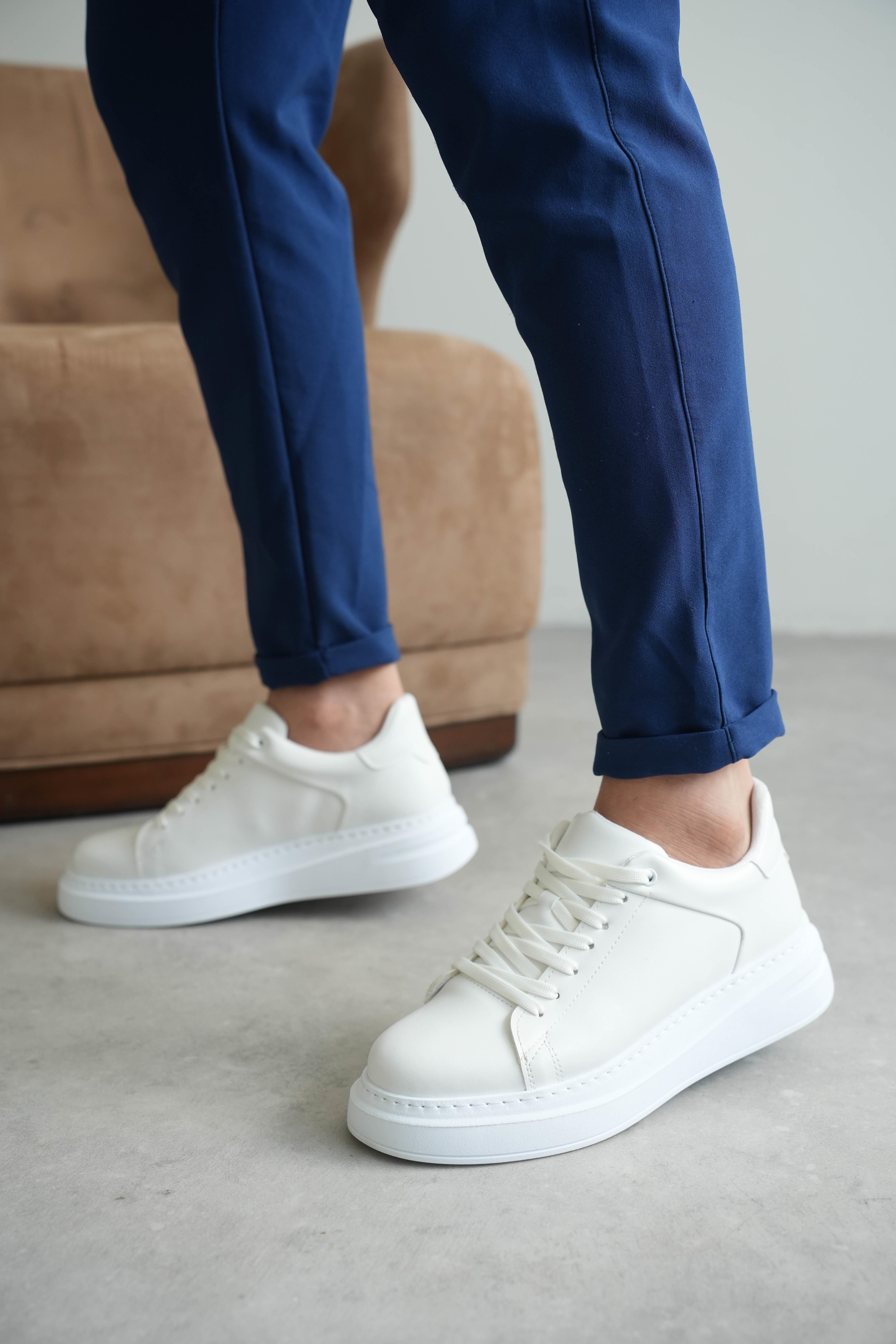 Beyaz Kalın Taban Deri Erkek Sneaker (AYKB05)