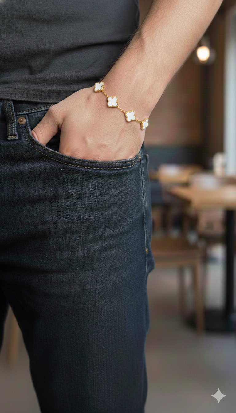 Çelik Gold-Beyaz Yonca Bileklik 