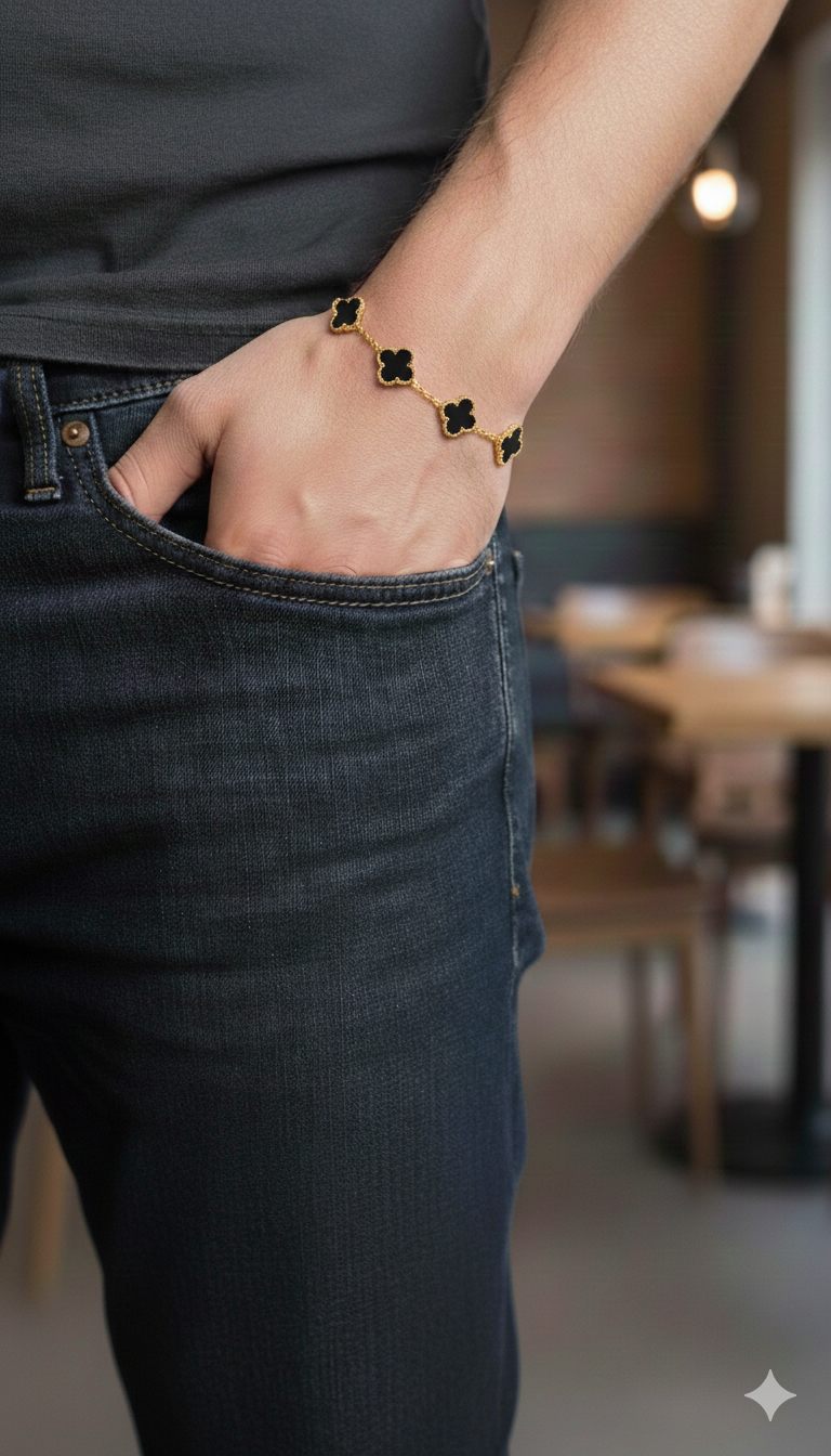Çelik Gold-Siyah Yonca Bileklik 