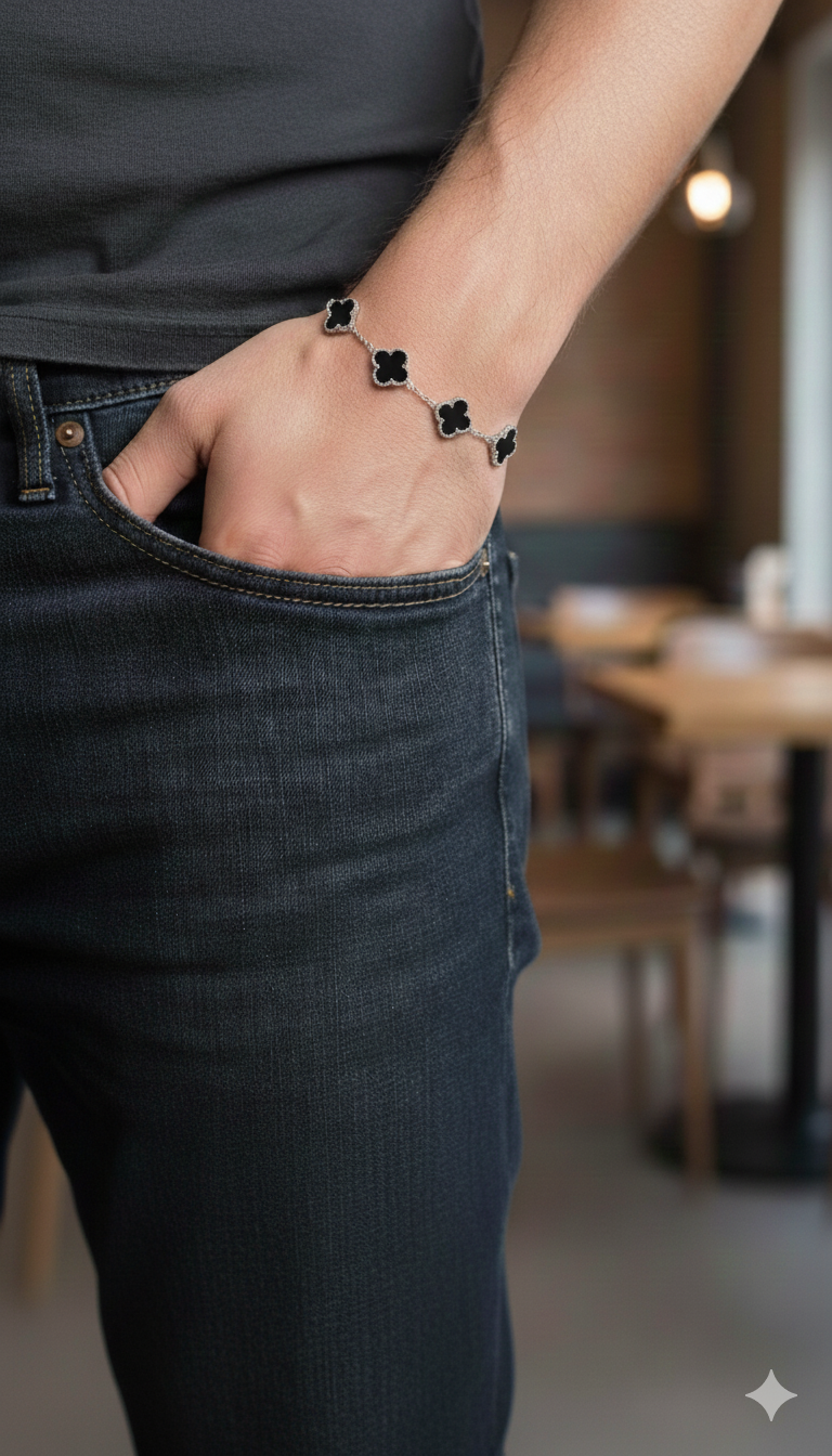 Çelik Silver-Siyah Yonca Bileklik 