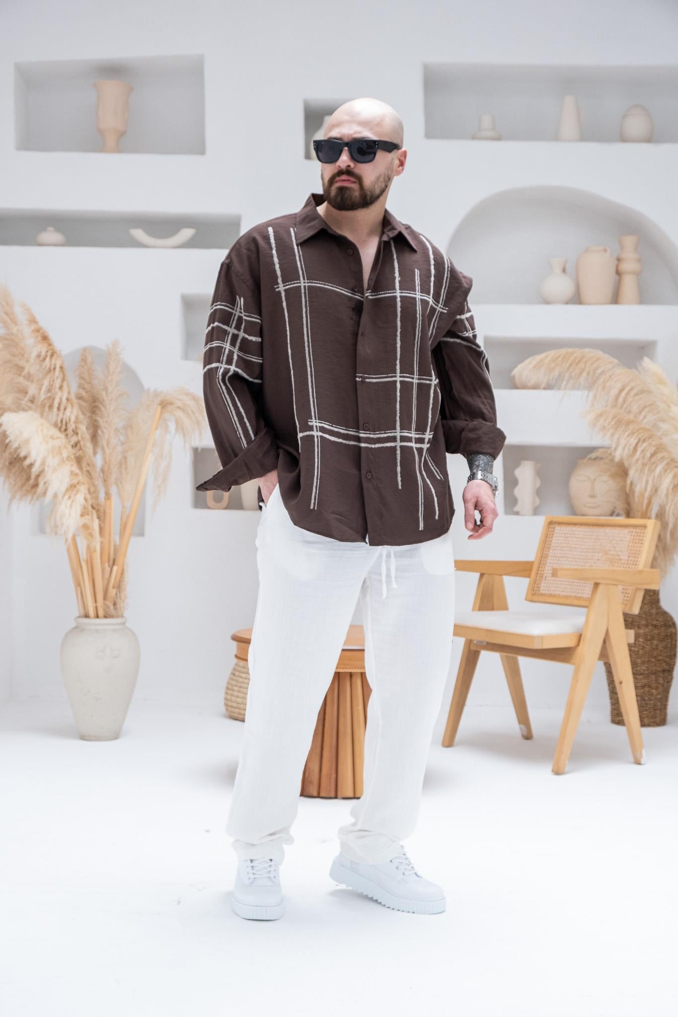 Çizgi Baskılı Oversize Gömlek (GMKA89)