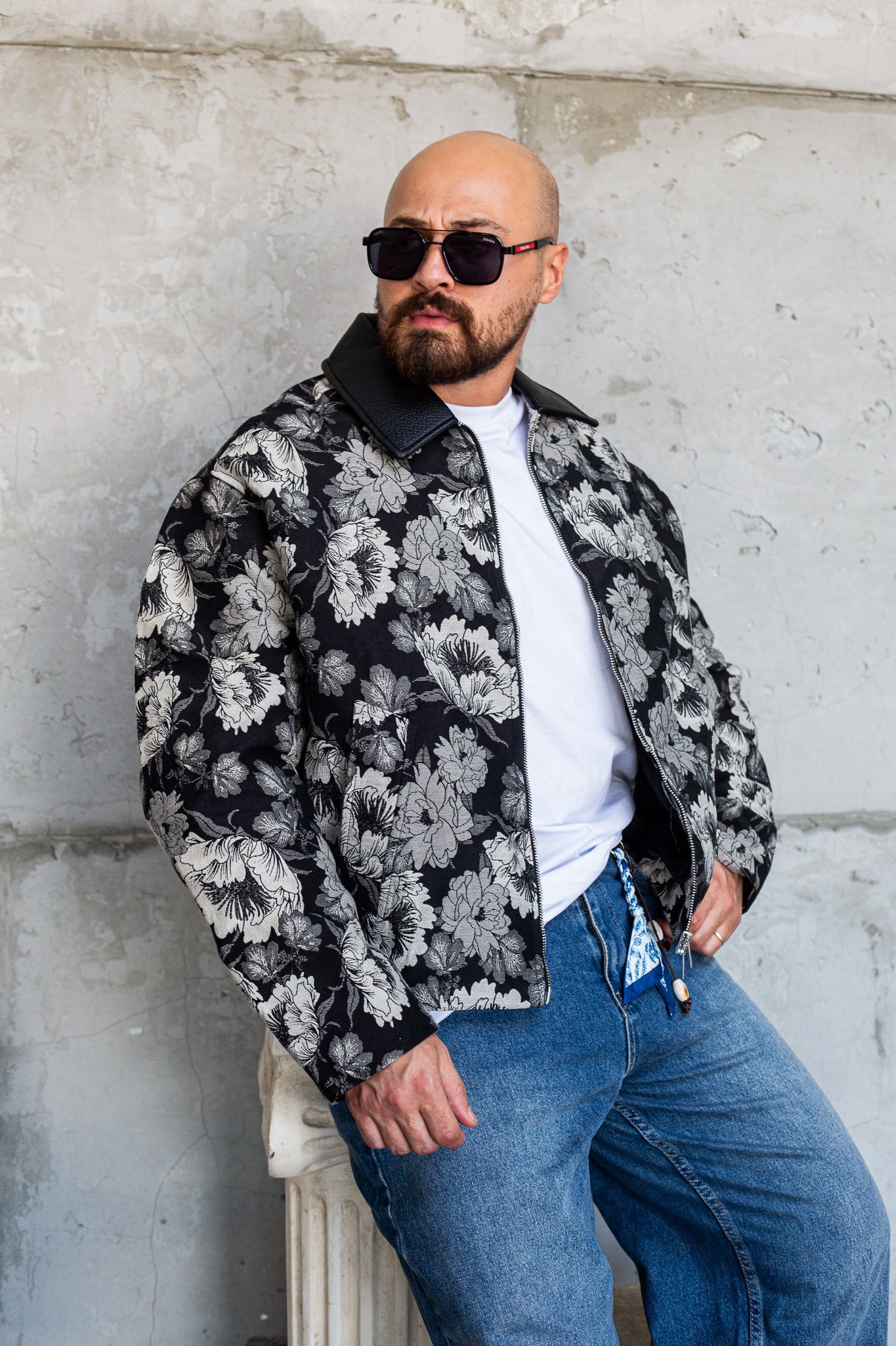 Deri Yaka Detaylı Floral Desenli Erkek Ceket(MEVS72)
