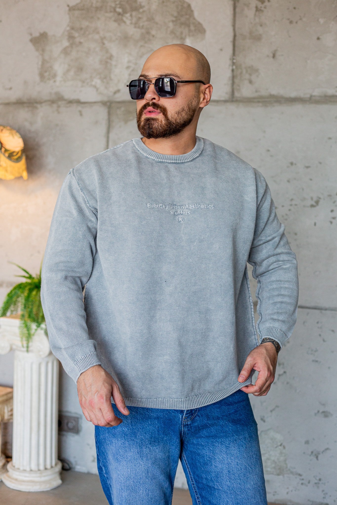 Düşük Omuzlu Dokulu Rahat Kesim Triko Sweatshirt (SVTG108)