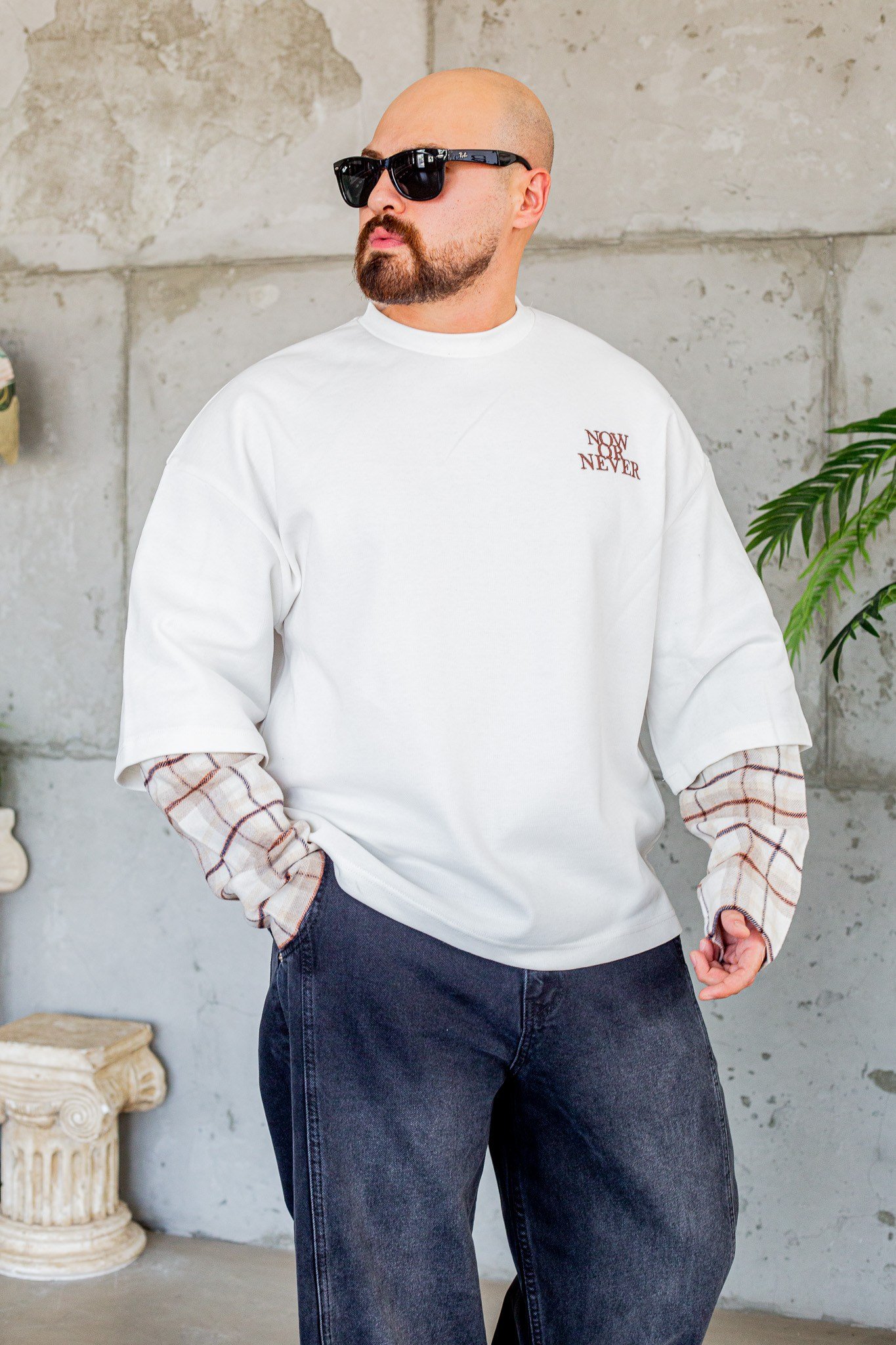Ekose Kol Detaylı Sloganlı Rahat Kesim Sweatshirt (SVTB111)
