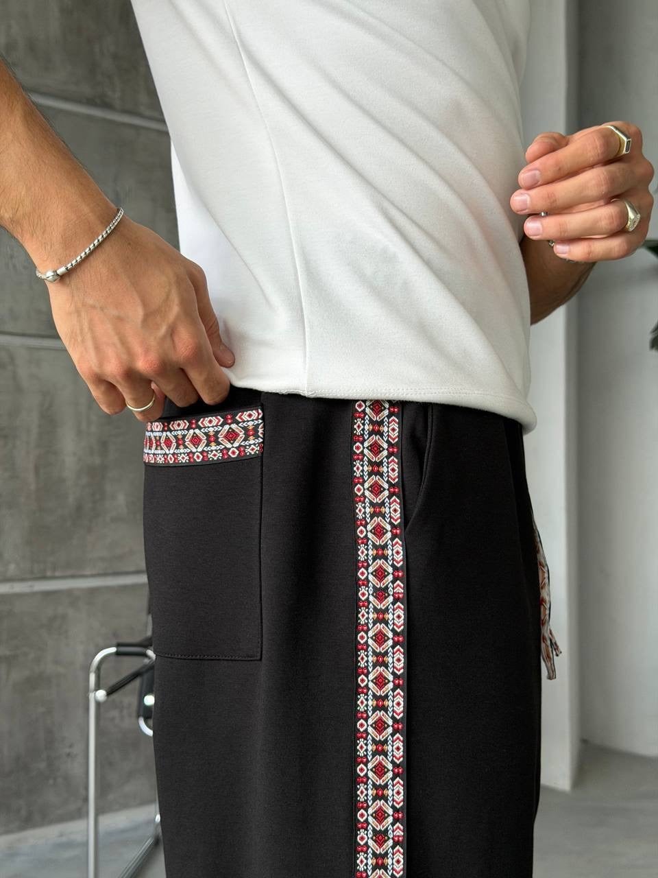 Etnik Desen Şeritli Geniş Paça Erkek Eşofman Altı (JGS77)