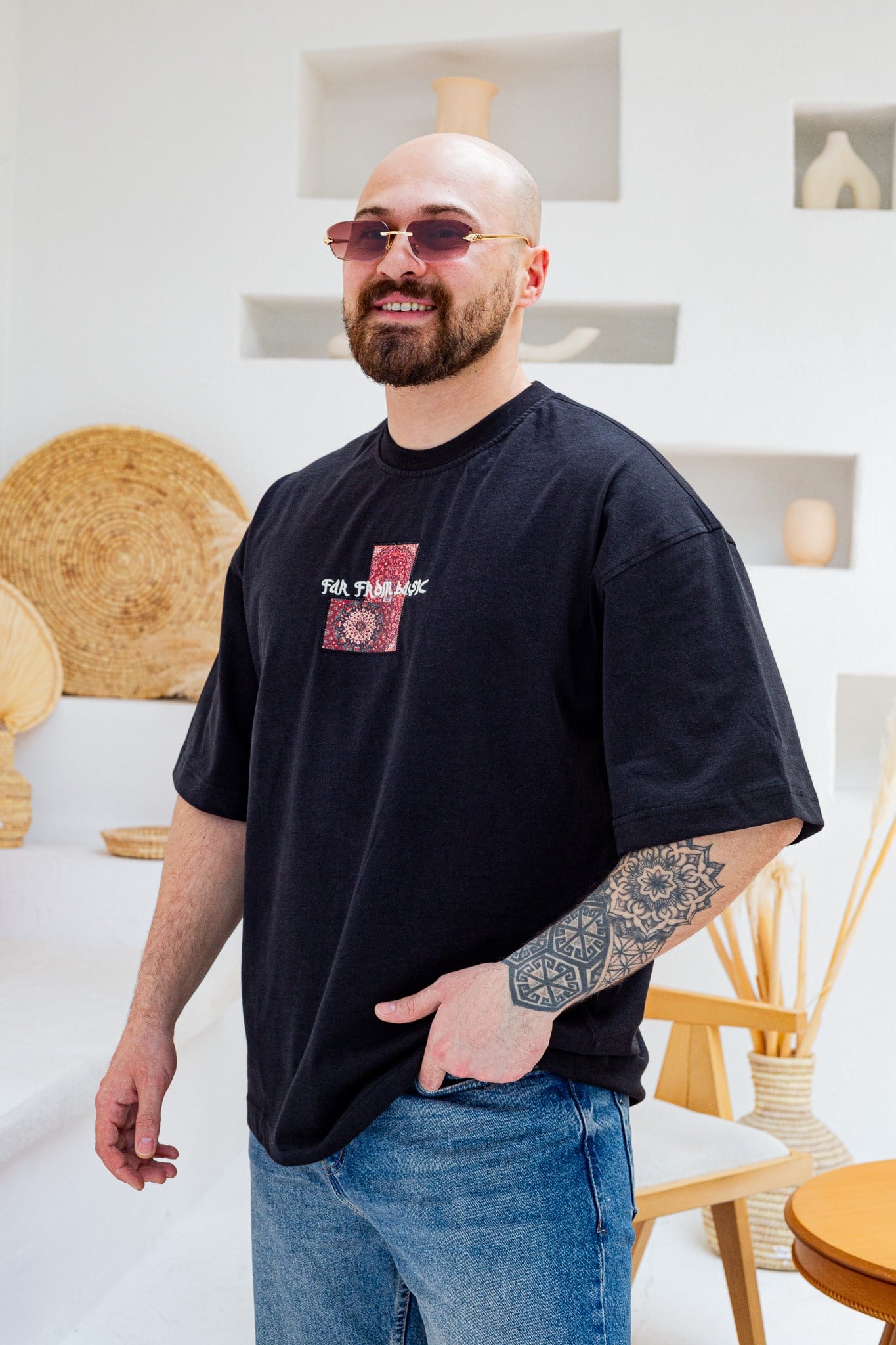 Far From Basic Halı Desen Yamalı Oversize Bisiklet Yaka T-Shirt (TSS85)