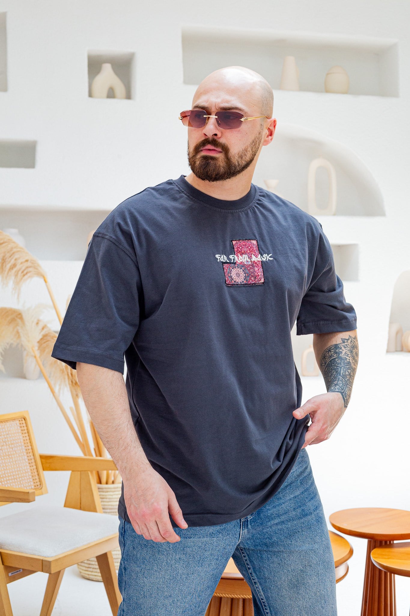 Far From Basic Halı Desen Yamalı Oversize Bisiklet Yaka T-Shirt (TSG85)