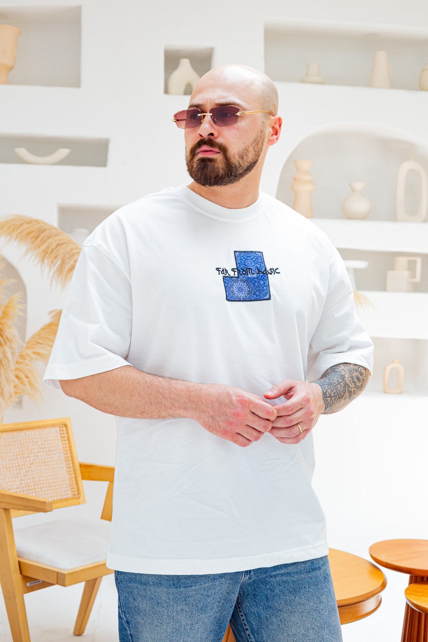 Far From Basic Halı Desen Yamalı Oversize Bisiklet Yaka T-Shirt (TSB85)