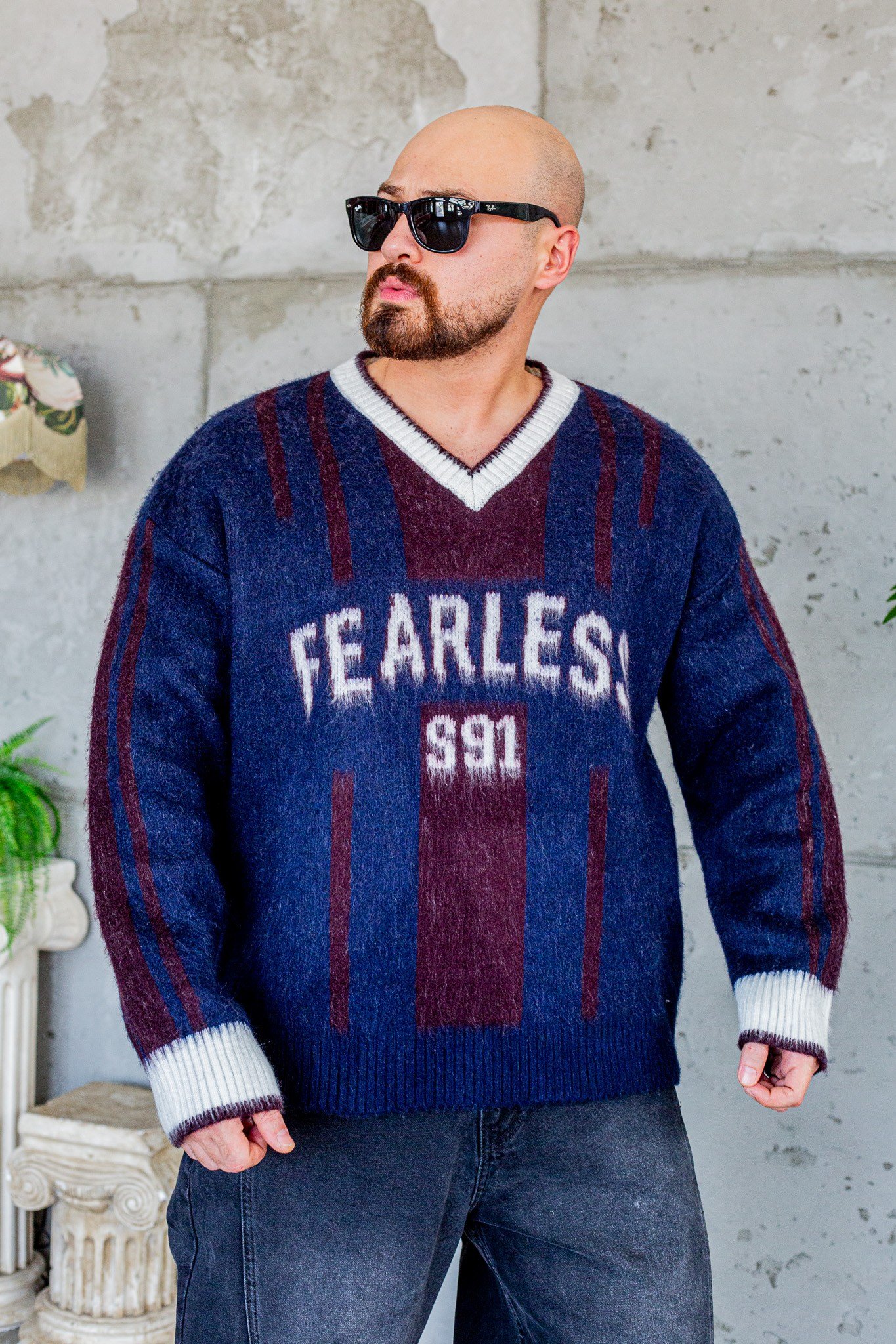 Fearless Yazılı Oversize Çizgili Triko (SVTM116)